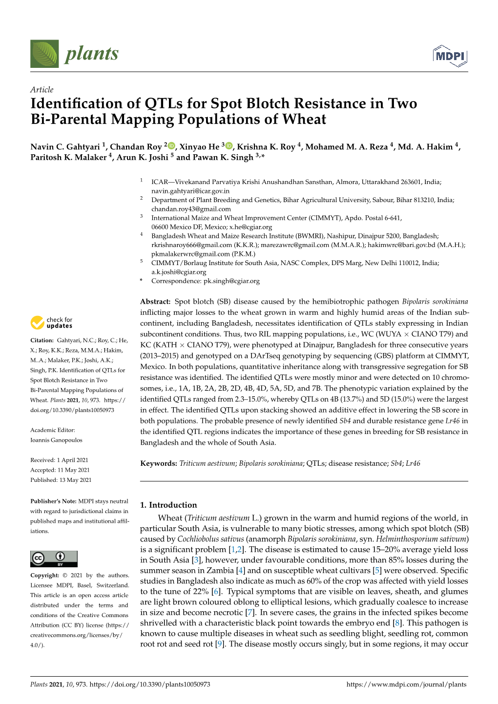 Identification of Qtls for Spot Blotch Resistance in Two Bi-Parental