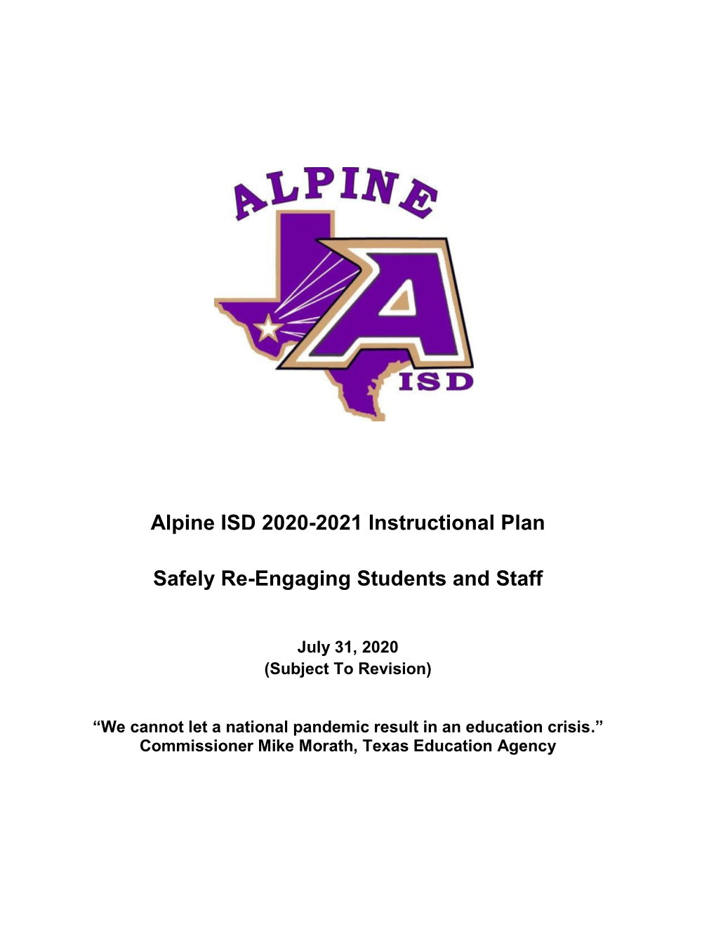 Alpine ISD 2020-2021 Instructional Plan Safely Re-Engaging Students