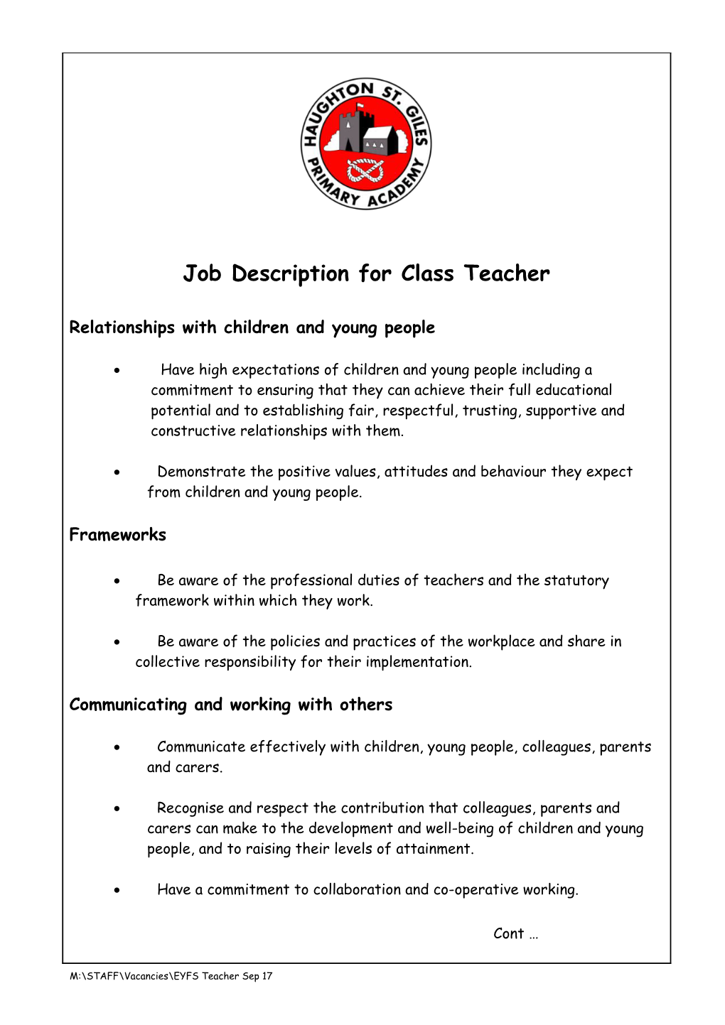 M: STAFF Vacancies EYFS Teacher Sep 17