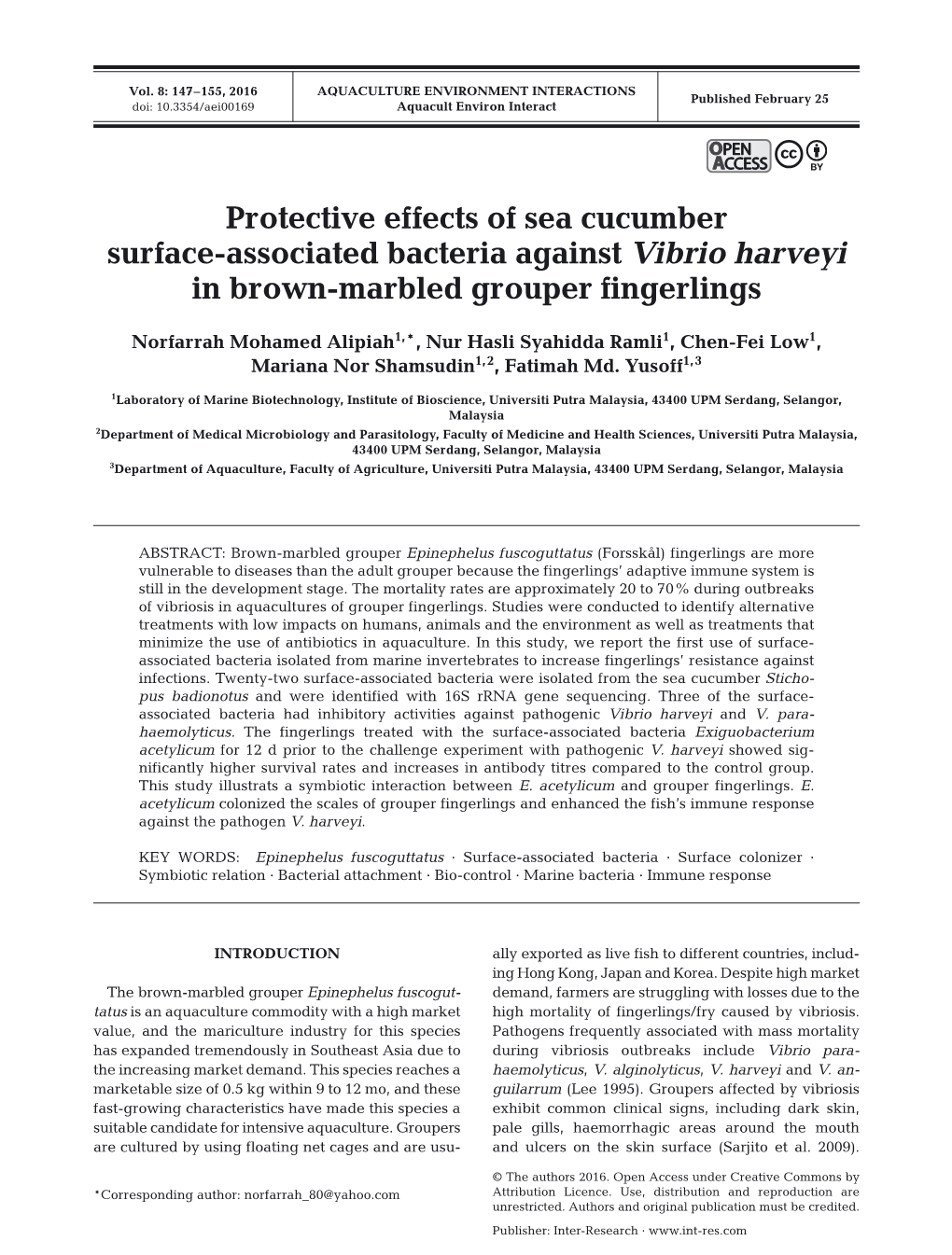 Protective Effects of Sea Cucumber Surface-Associated Bacteria Against Vibrio Harveyi in Brown-Marbled Grouper Fingerlings