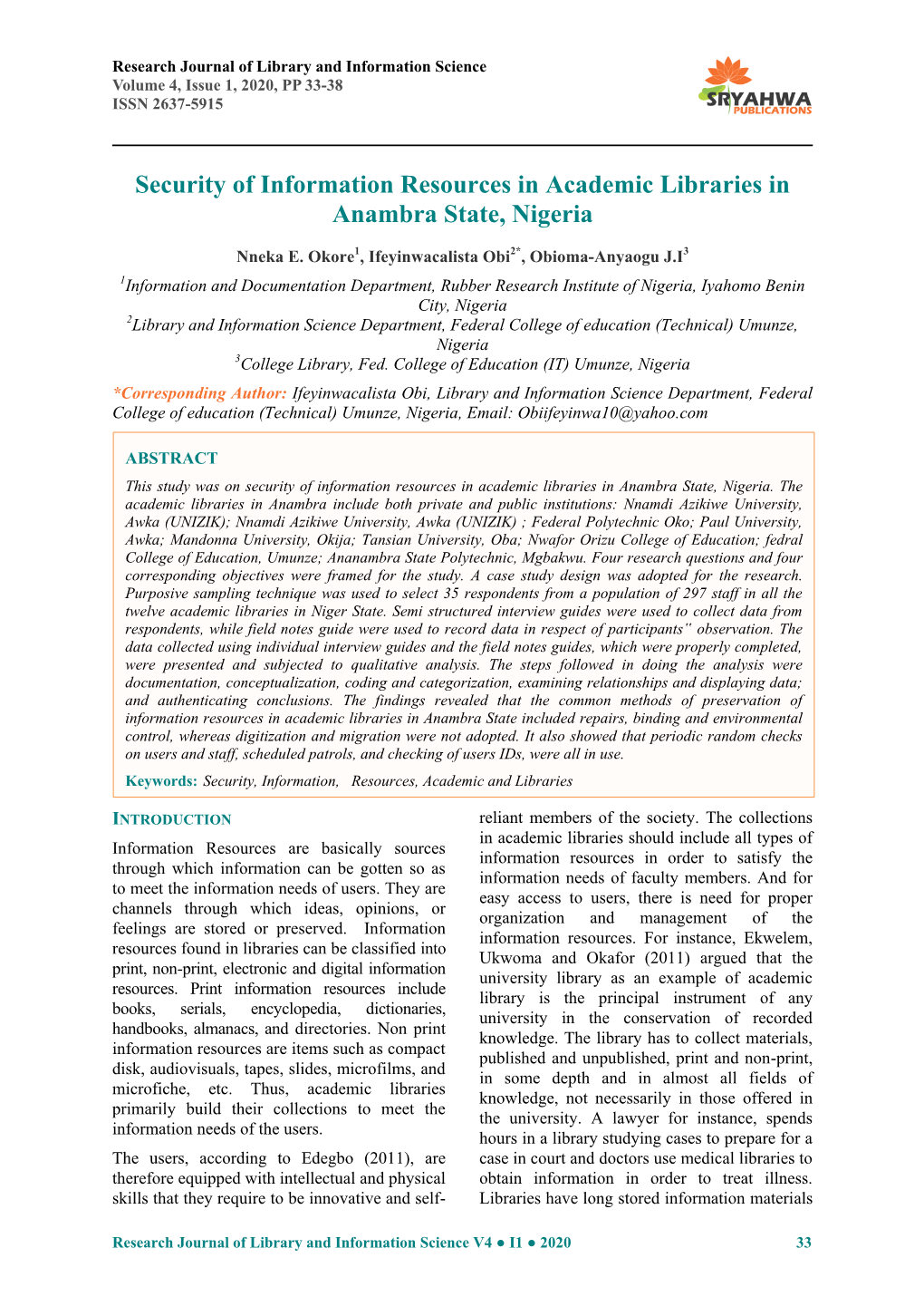 Security of Information Resources in Academic Libraries in Anambra State, Nigeria