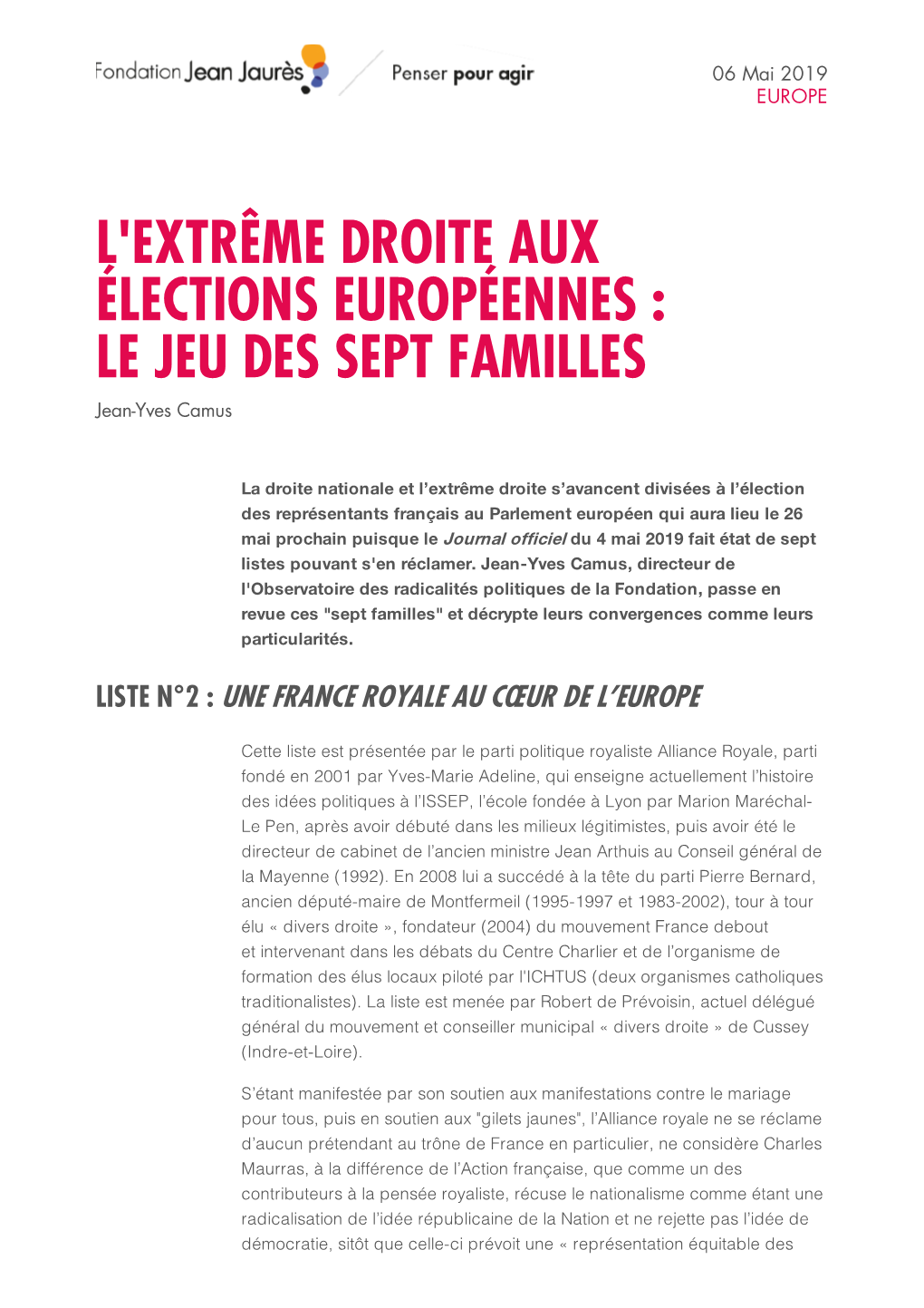 L'extrême DROITE AUX ÉLECTIONS EUROPÉENNES : LE JEU DES SEPT FAMILLES Jean-Yves Camus