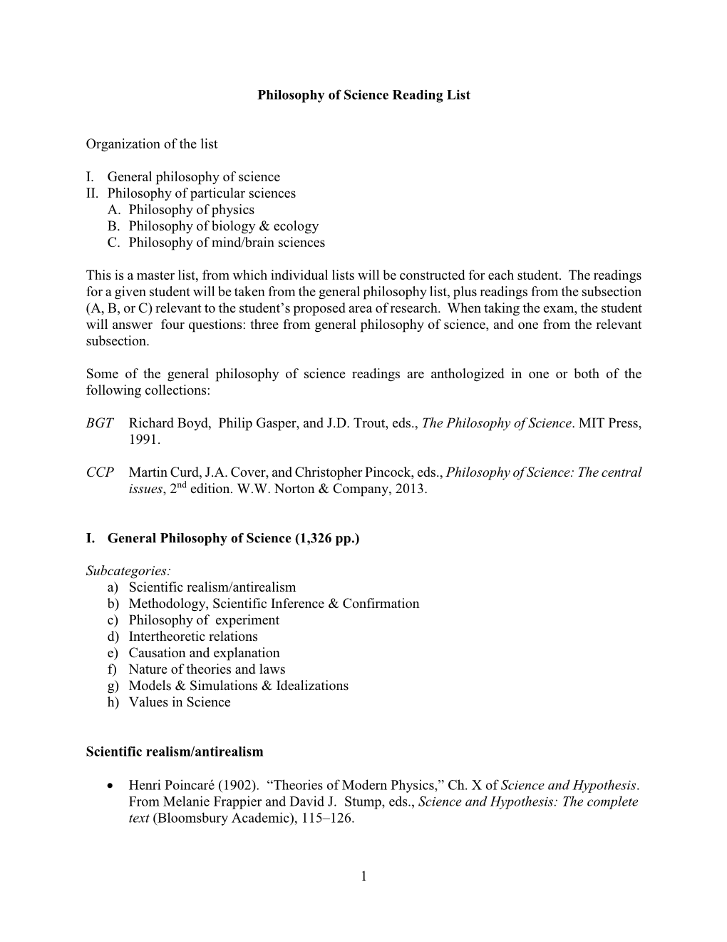 1 Philosophy of Science Reading List Organization of the List I. General