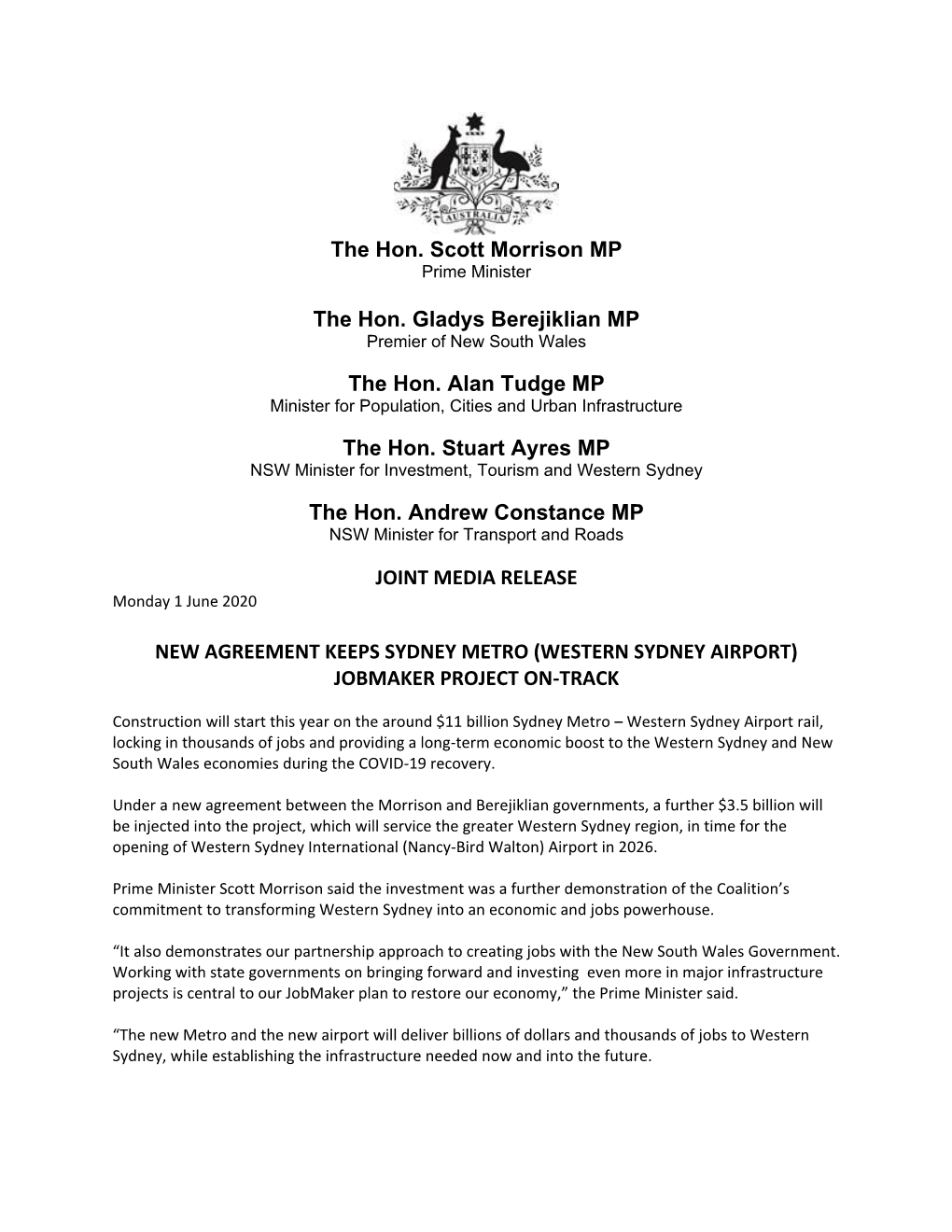 The Hon. Scott Morrison MP the Hon. Gladys Berejiklian MP the Hon