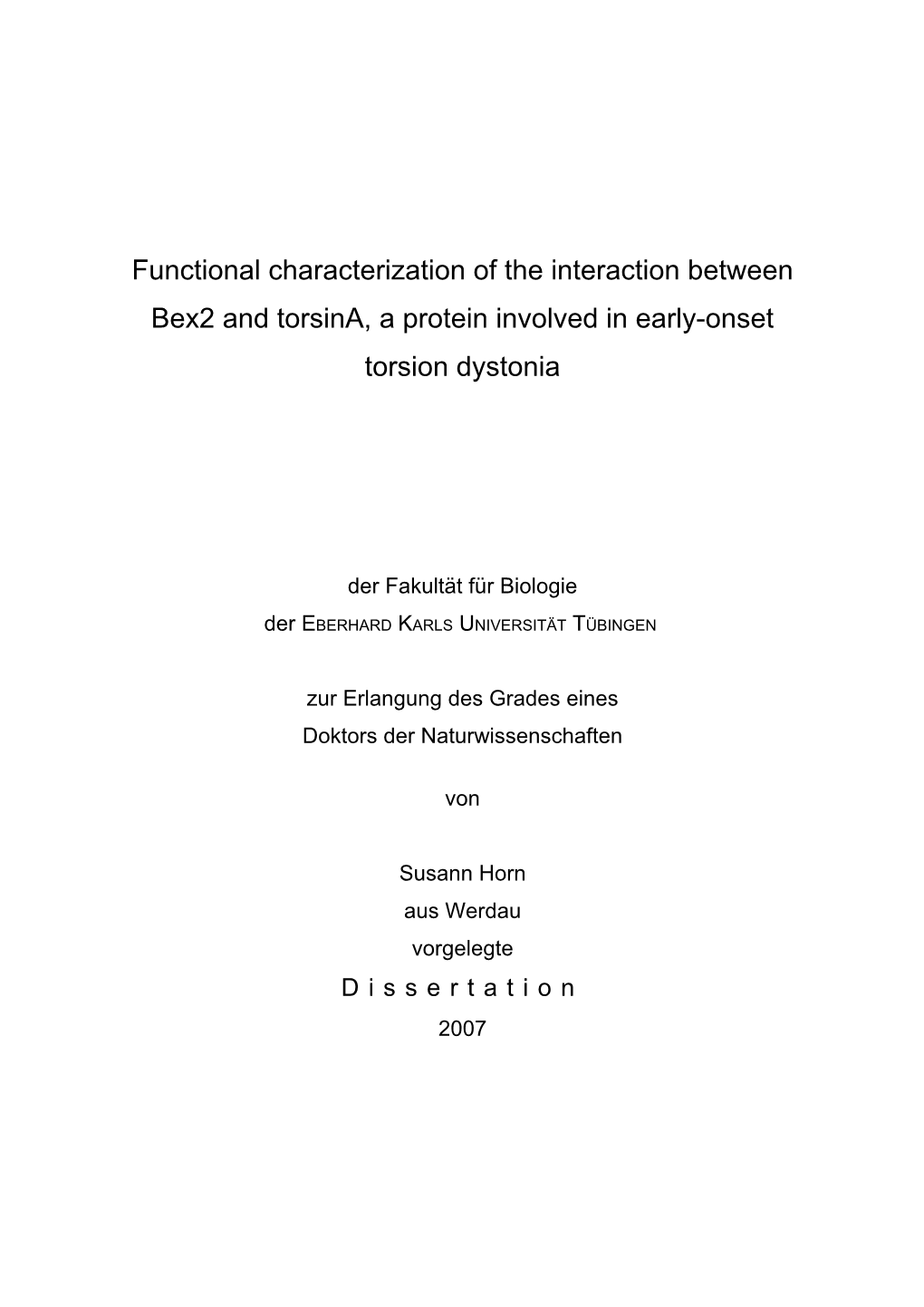 Functional Characterization of the Interaction Between Bex2 and Torsina, a Protein Involved in Early-Onset Torsion Dystonia