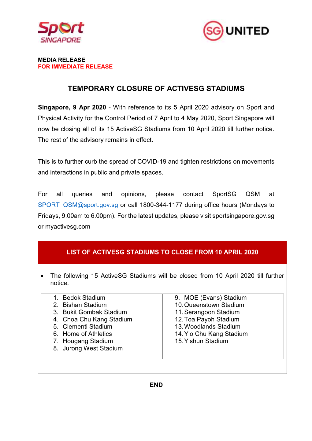 Temporary Closure of Activesg Stadiums