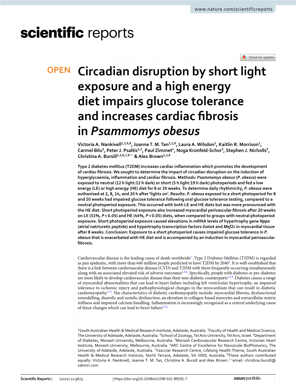 Circadian Disruption by Short Light Exposure and a High Energy Diet Impairs Glucose Tolerance and Increases Cardiac Fbrosis in Psammomys Obesus Victoria A