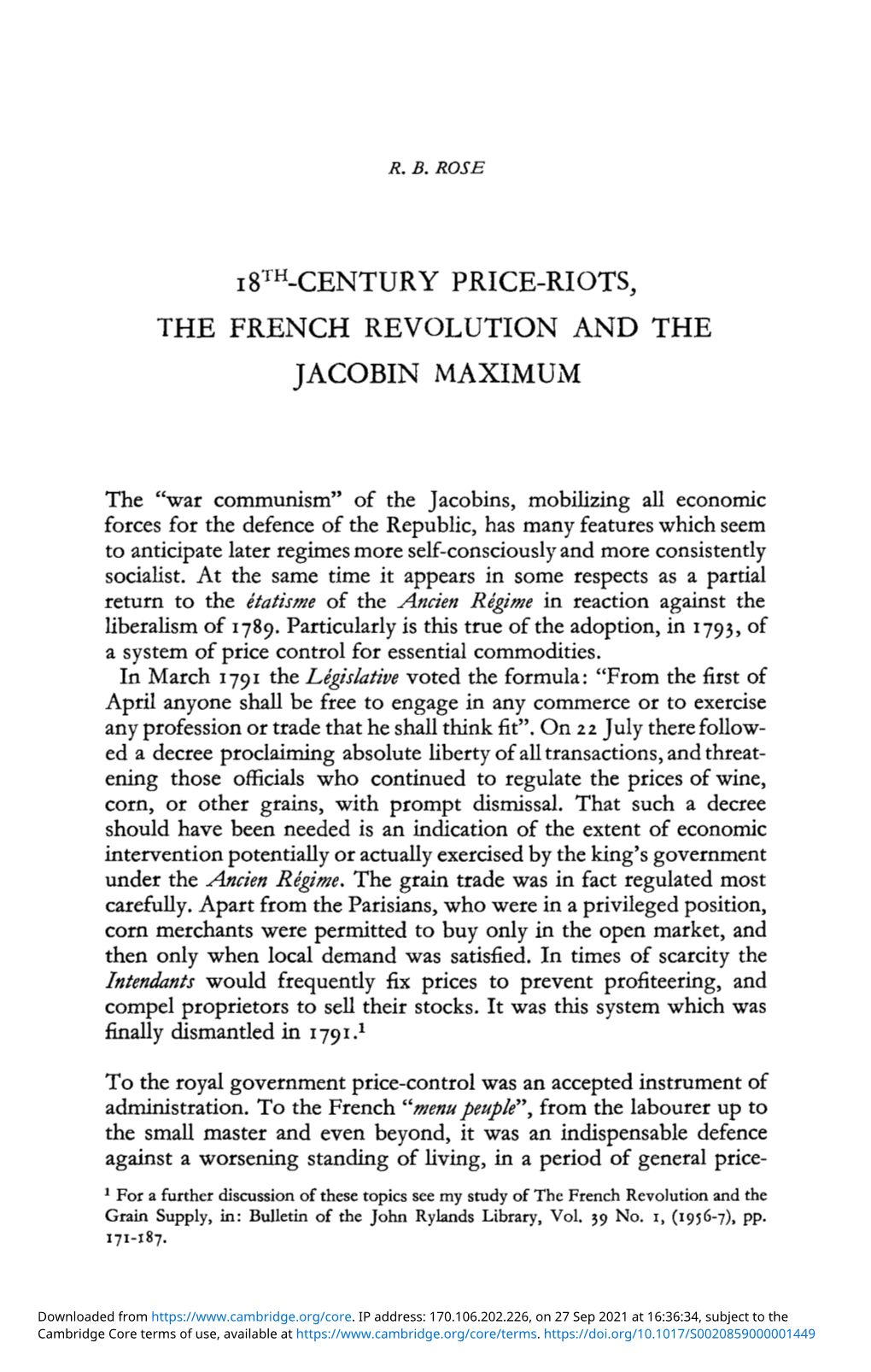18Th-Century Price-Riots, the French Revolution and the Jacobin Maximum