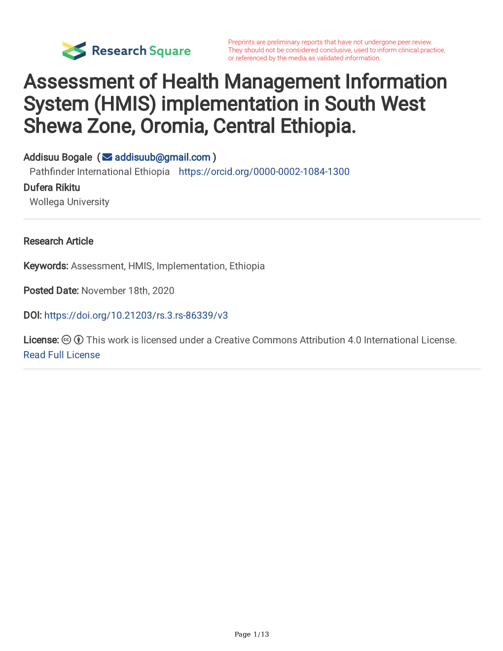 HMIS) Implementation in South West Shewa Zone, Oromia, Central Ethiopia