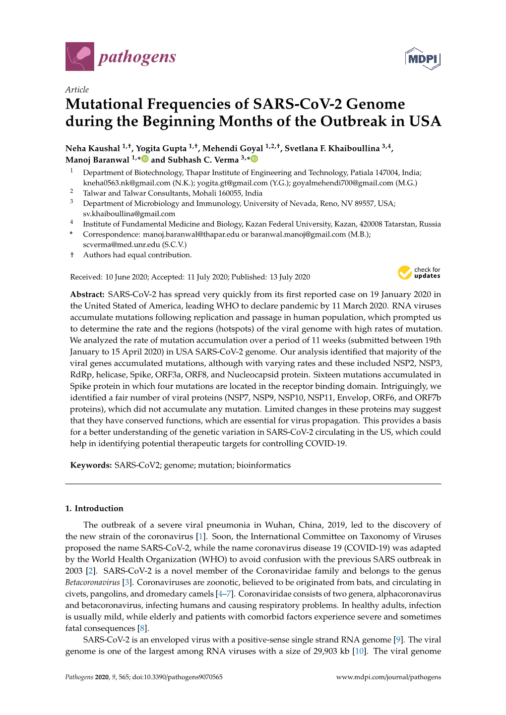 Mutational Frequencies of SARS-Cov-2 Genome During the Beginning Months of the Outbreak in USA