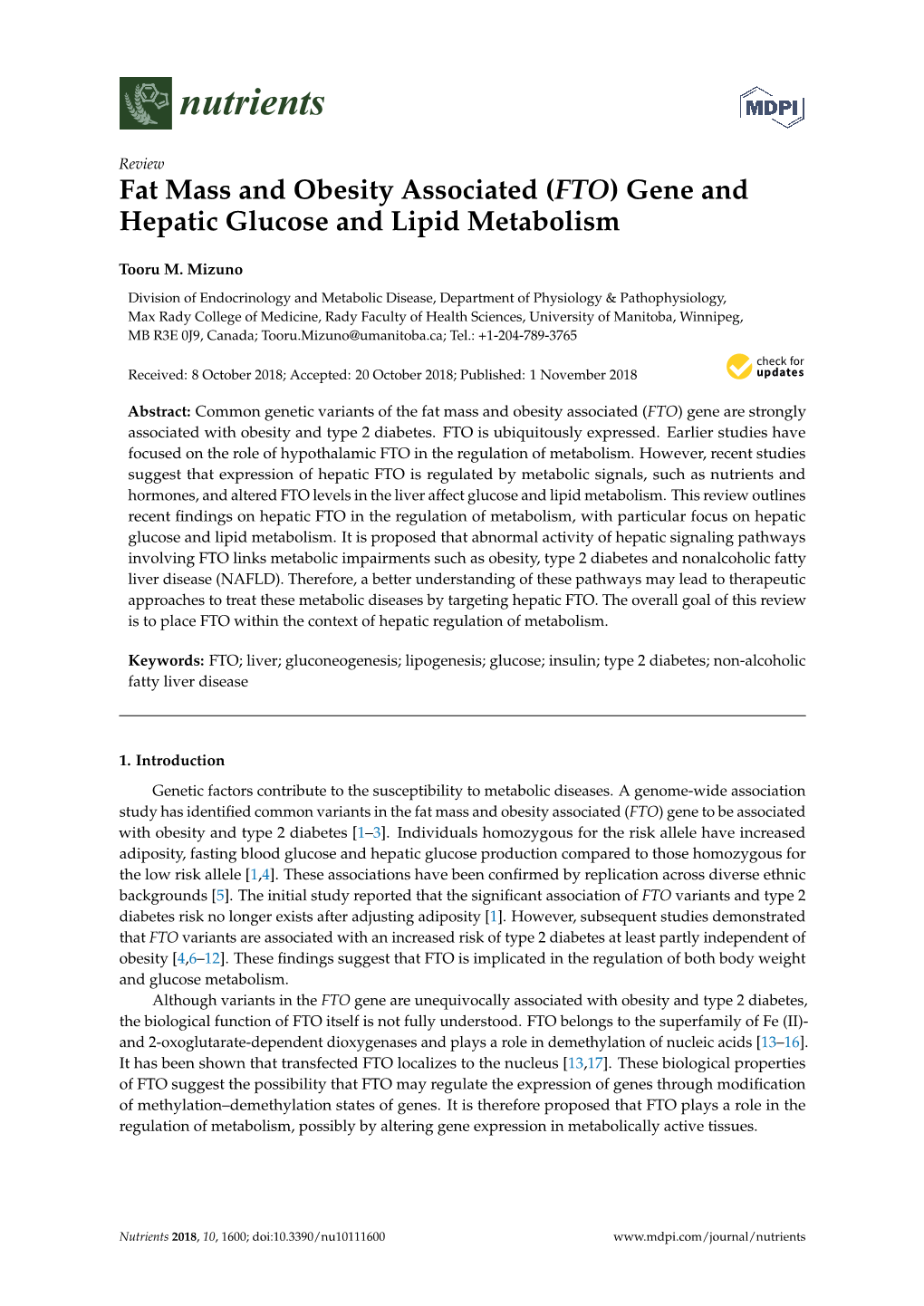 FTO) Gene and Hepatic Glucose and Lipid Metabolism