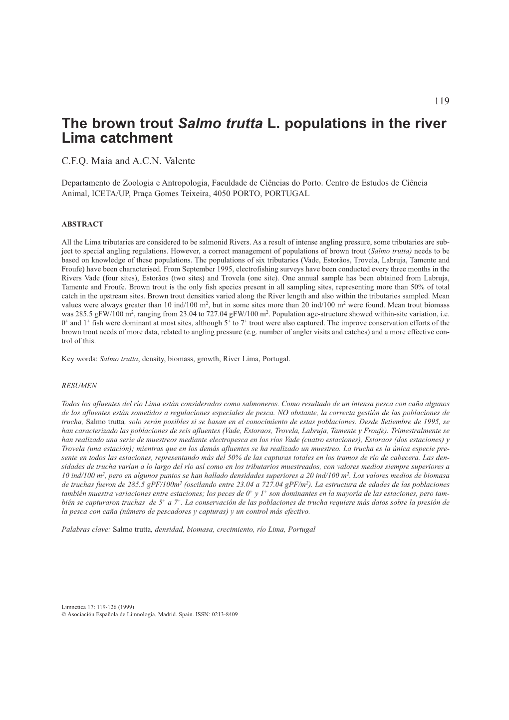 The Brown Trout Salmo Trutta L. Populations in the River Lima Catchment