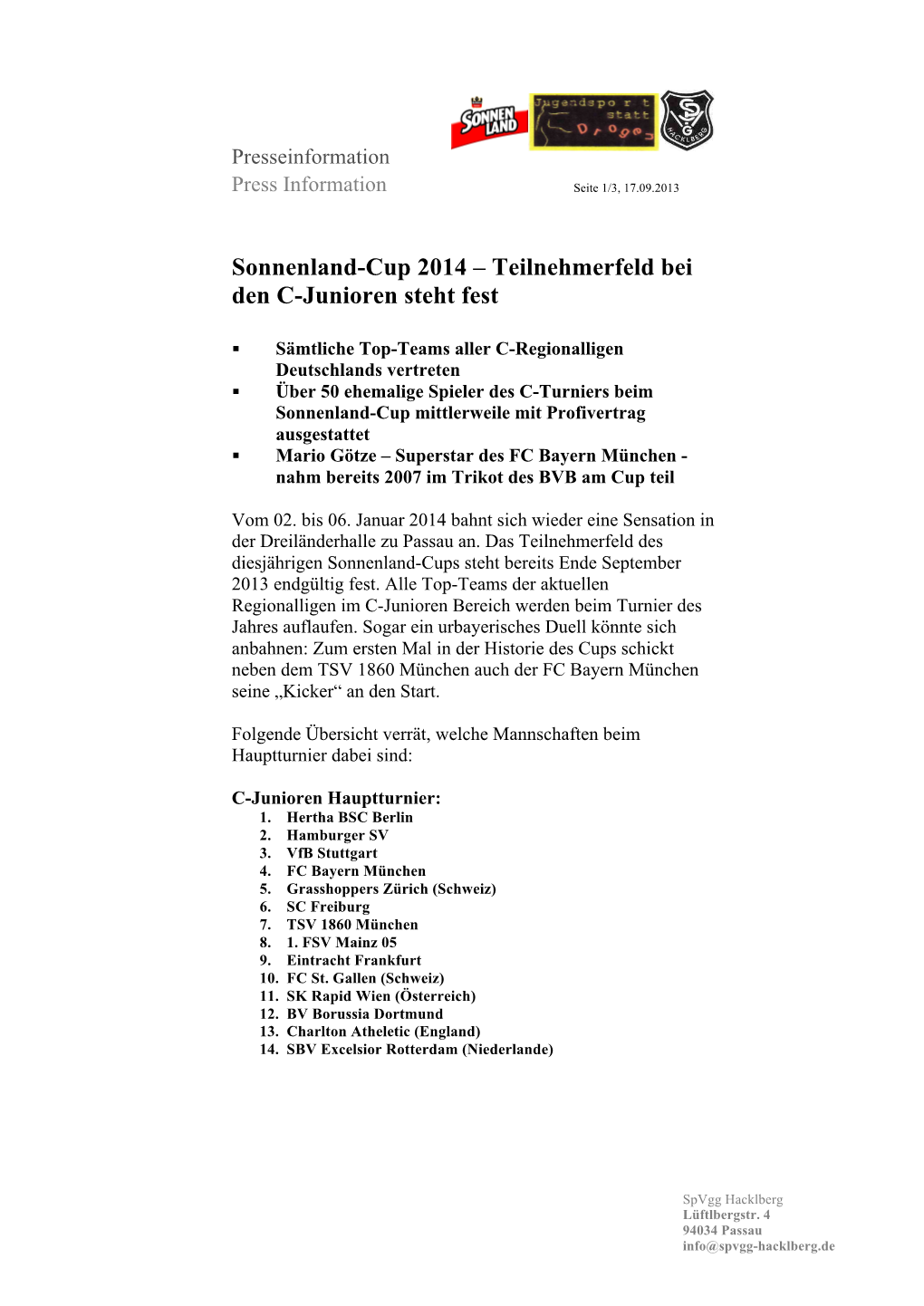 Sonnenland-Cup 2014 – Teilnehmerfeld Bei Den C-Junioren Steht Fest