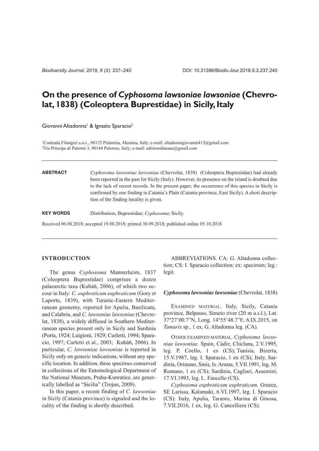 On the Presence of Cyphosoma Lawsoniae Lawsoniae (Chevro- Lat, 1838) (Coleoptera Buprestidae) in Sicily, Italy