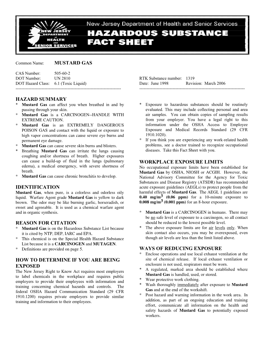 Mustard Gas Hazard Summary Identification Reason For