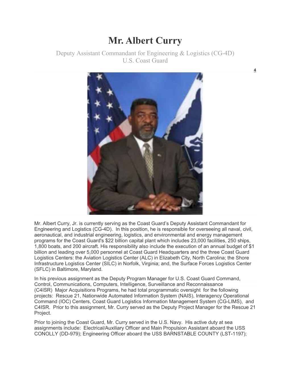 Mr. Albert Curry Deputy Assistant Commandant for Engineering & Logistics (CG-4D) U.S