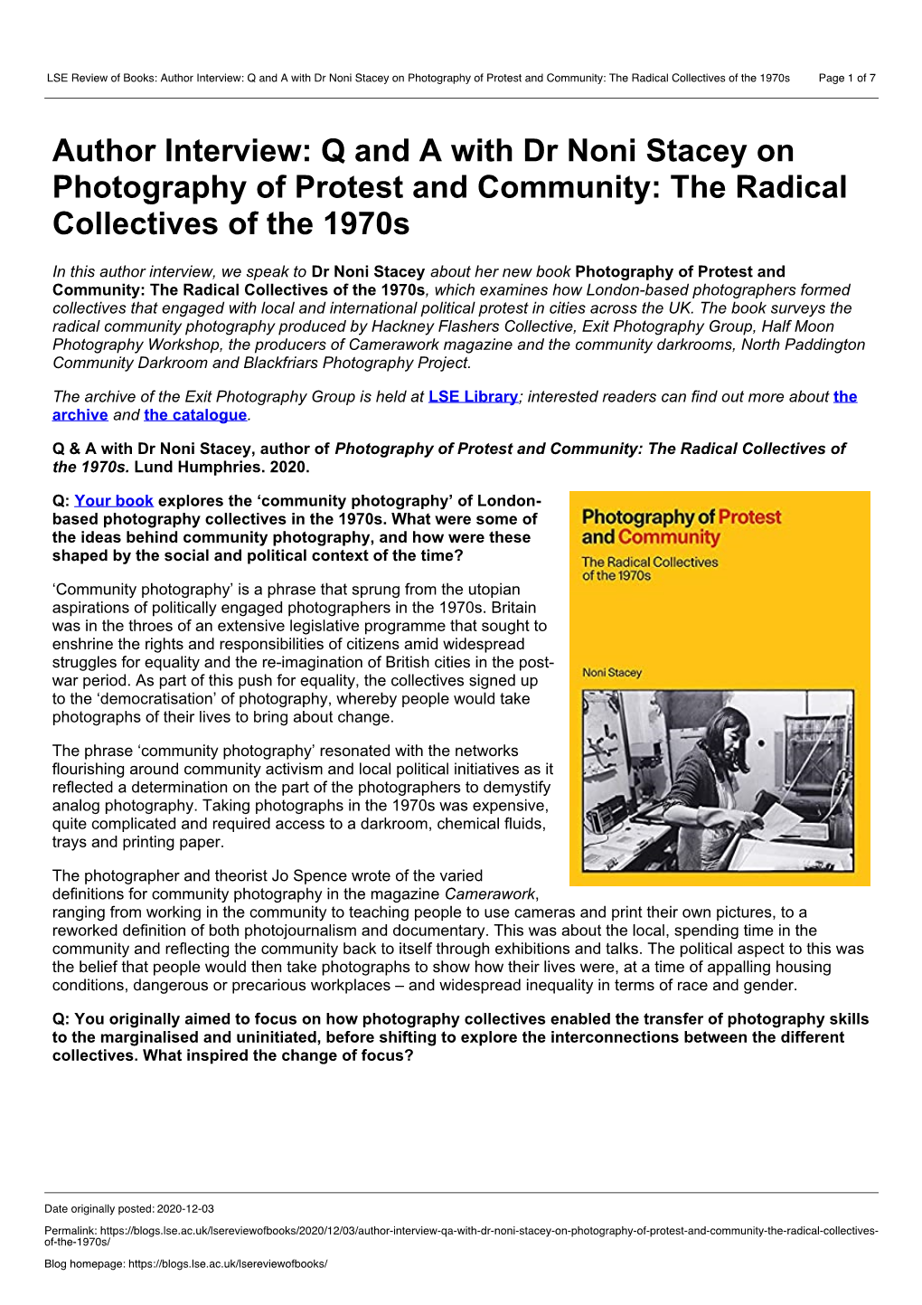 LSE Review of Books: Author Interview: Q and a with Dr Noni Stacey on Photography of Protest and Community: the Radical Collectives of the 1970S Page 1 of 7