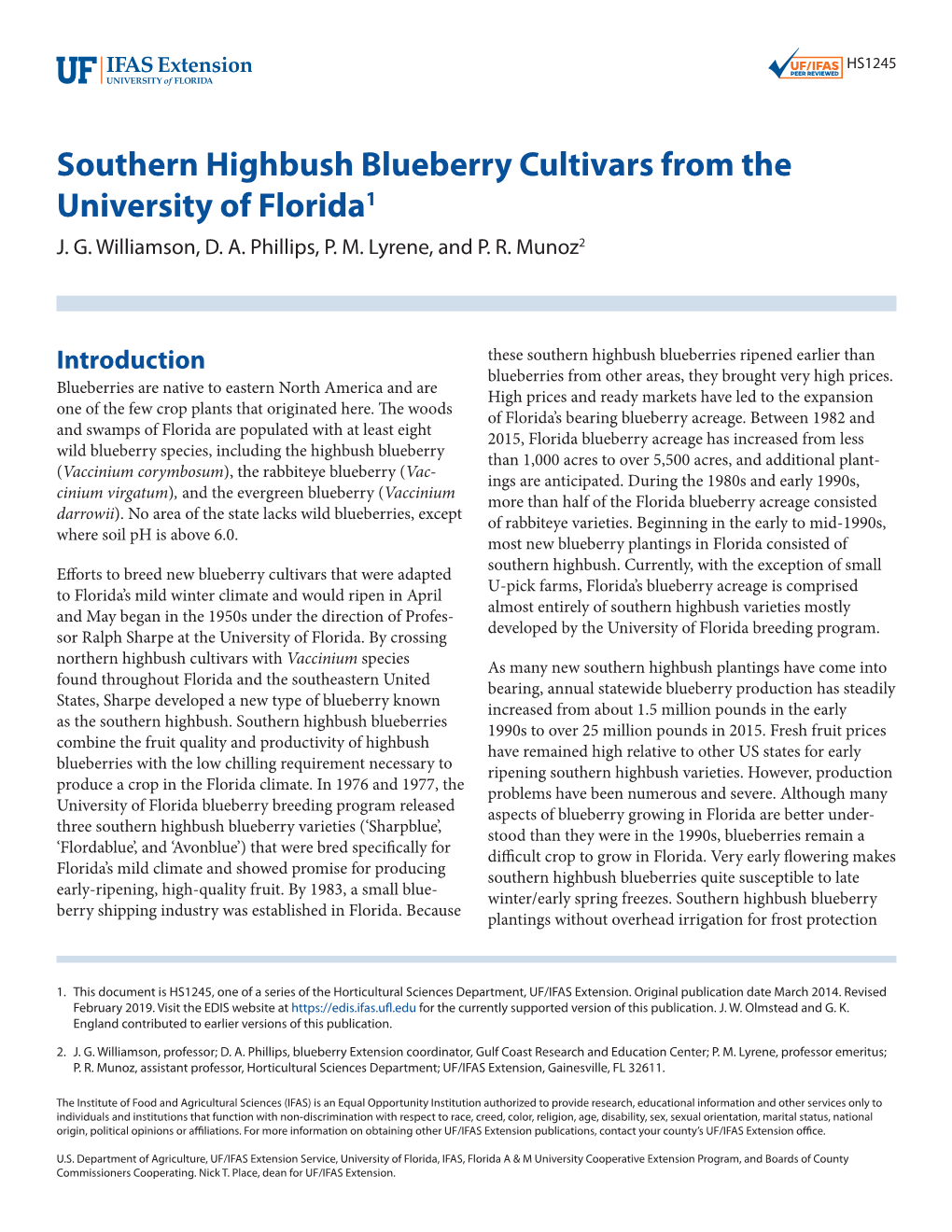 Southern Highbush Blueberry Cultivars from the University of Florida1 J