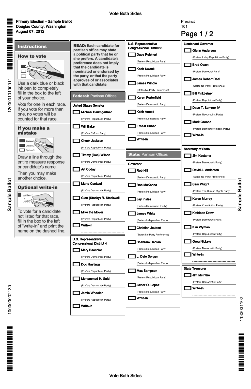 Sample Ballot Precinct Douglas County, Washington 101 August 07, 2012 Page 1 / 2