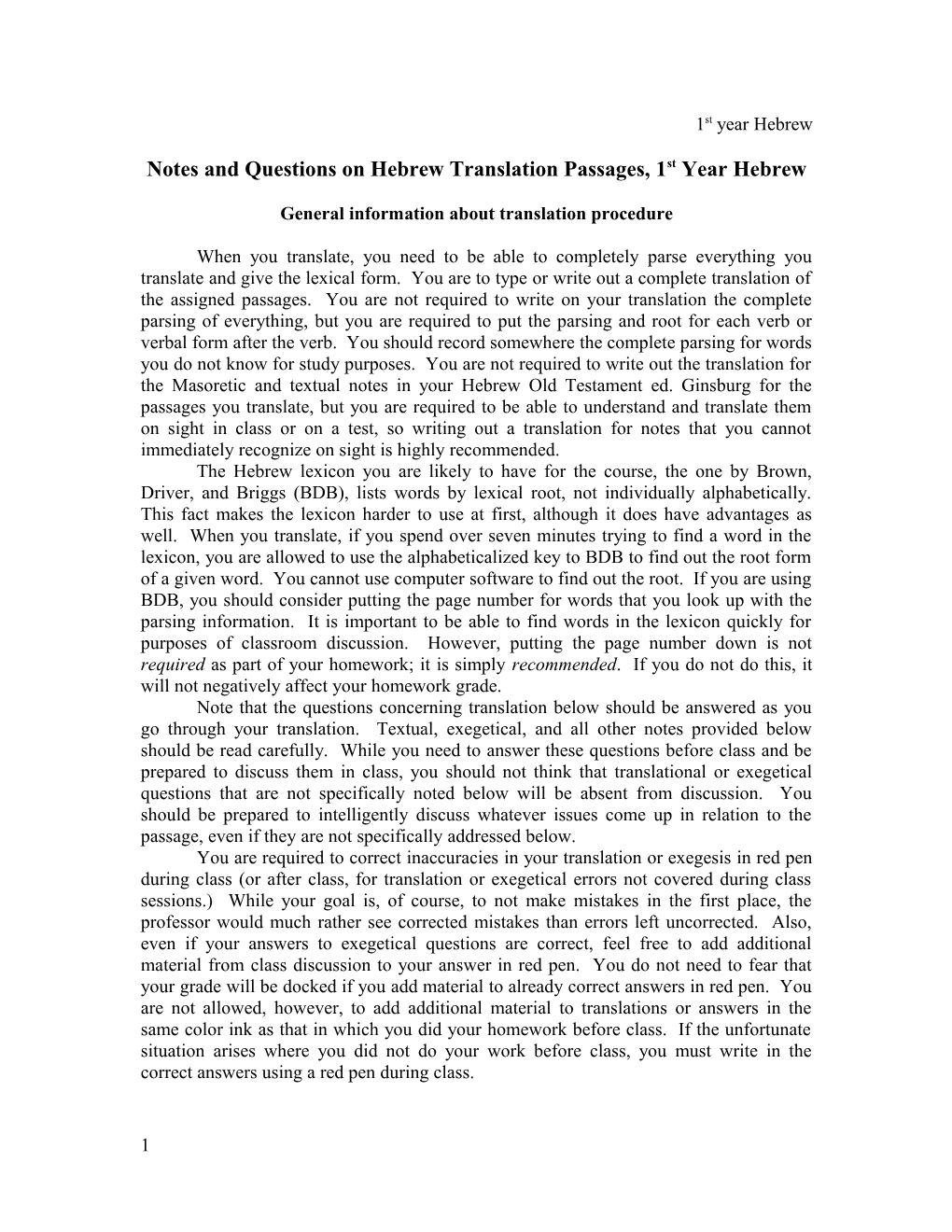 Notes and Questions on Hebrew Translation Passages, 1St Year Hebrew