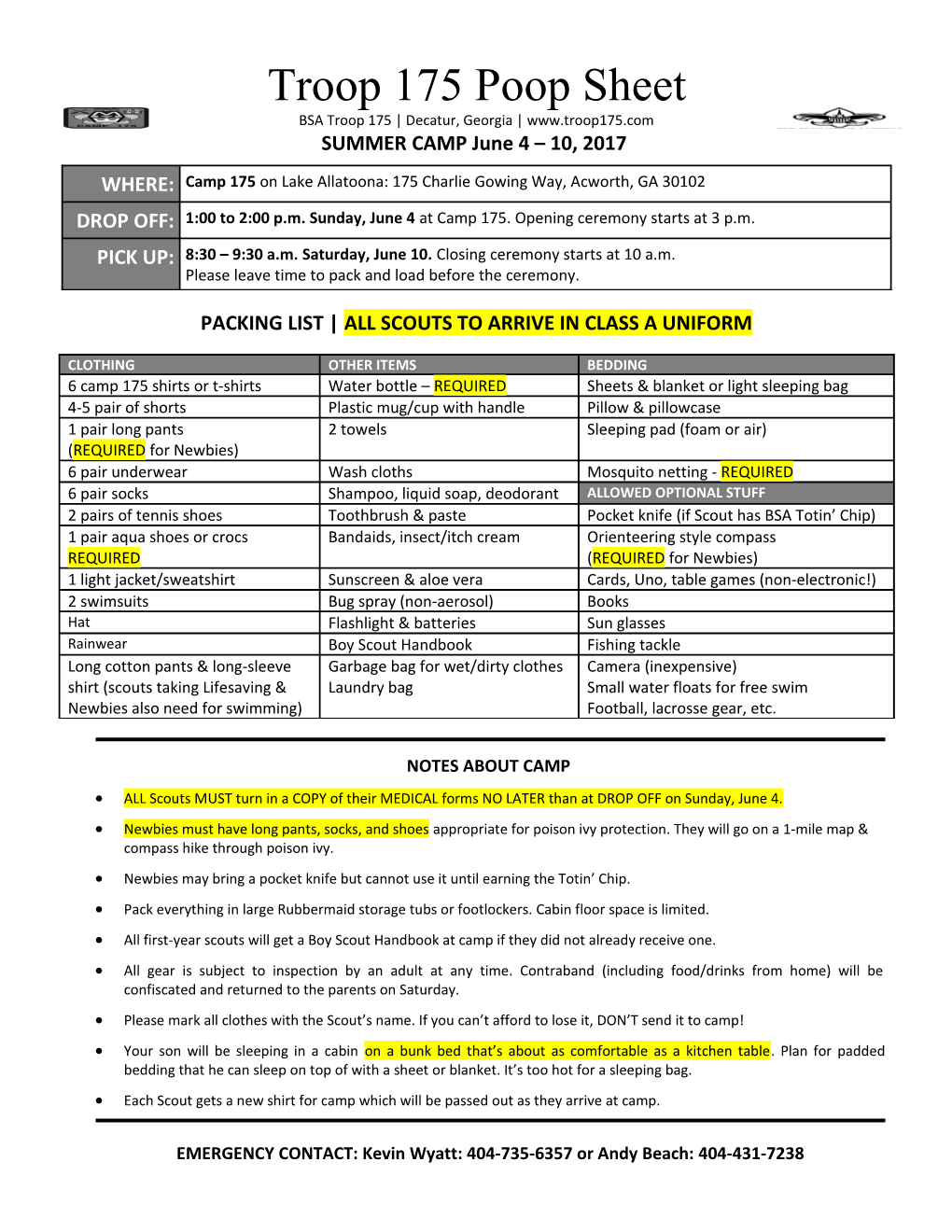 Packing List All Scouts to Arrive in Class a Uniform