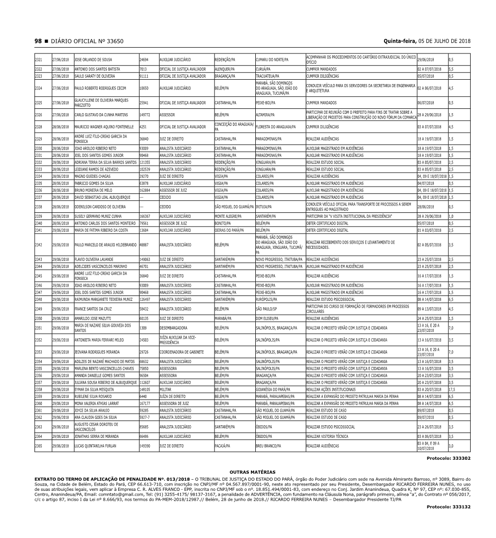 98 DIÁRIO OFICIAL Nº 33650 Quinta-Feira, 05 DE JULHO DE 2018