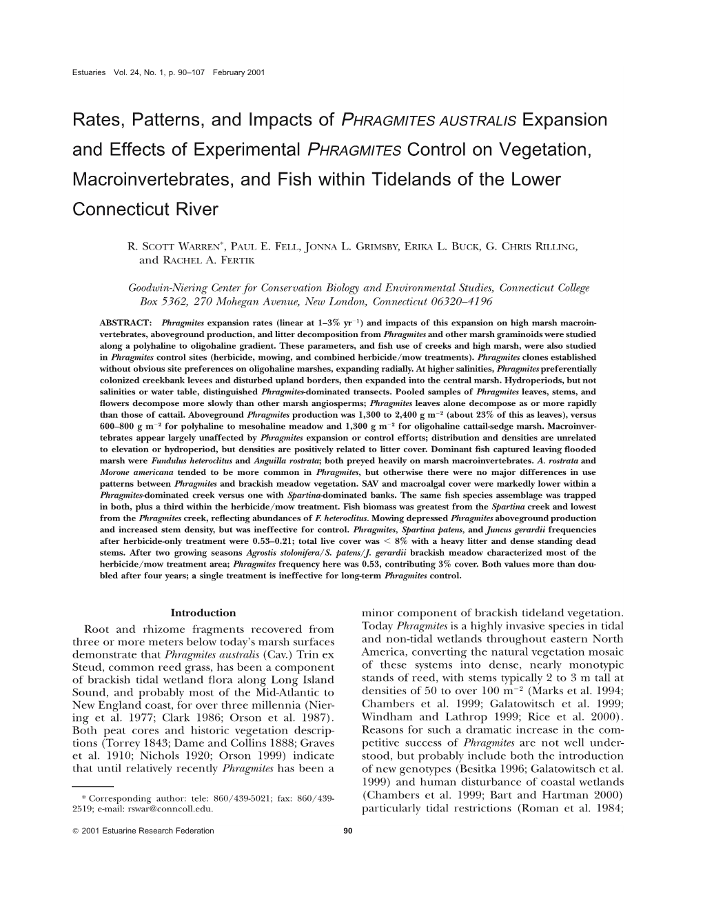 Warren Et Al. (2001) Rates, Patterns, and Impacts of Phragmites Australis