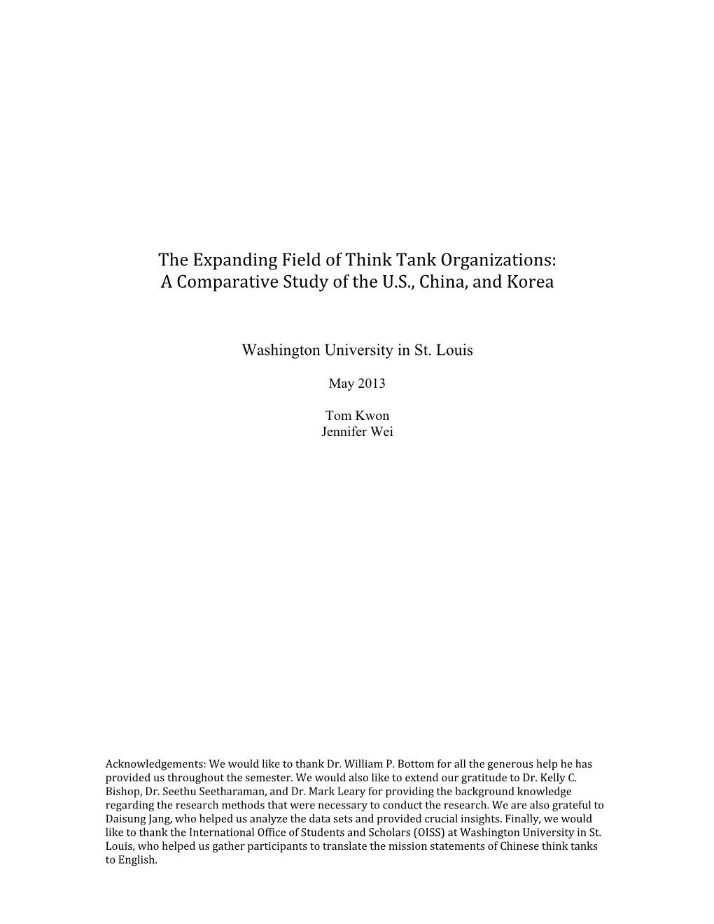 The Expanding Field of Think Tank Organizations: a Comparative Study of the U.S., China, and Korea