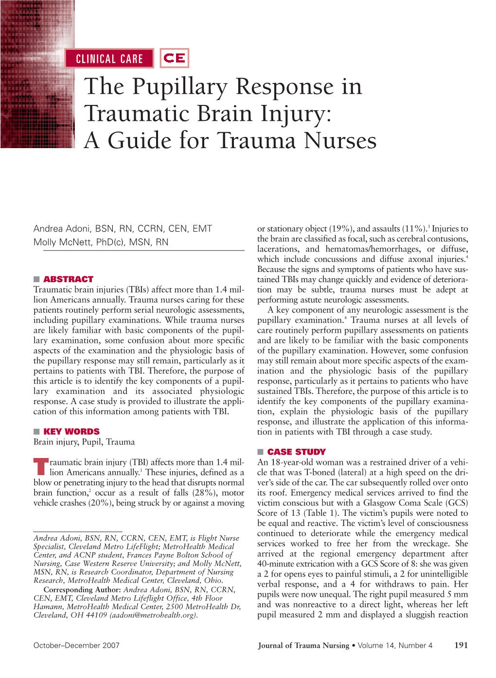 The Pupillary Response in Traumatic Brain Injury: a Guide for Trauma Nurses