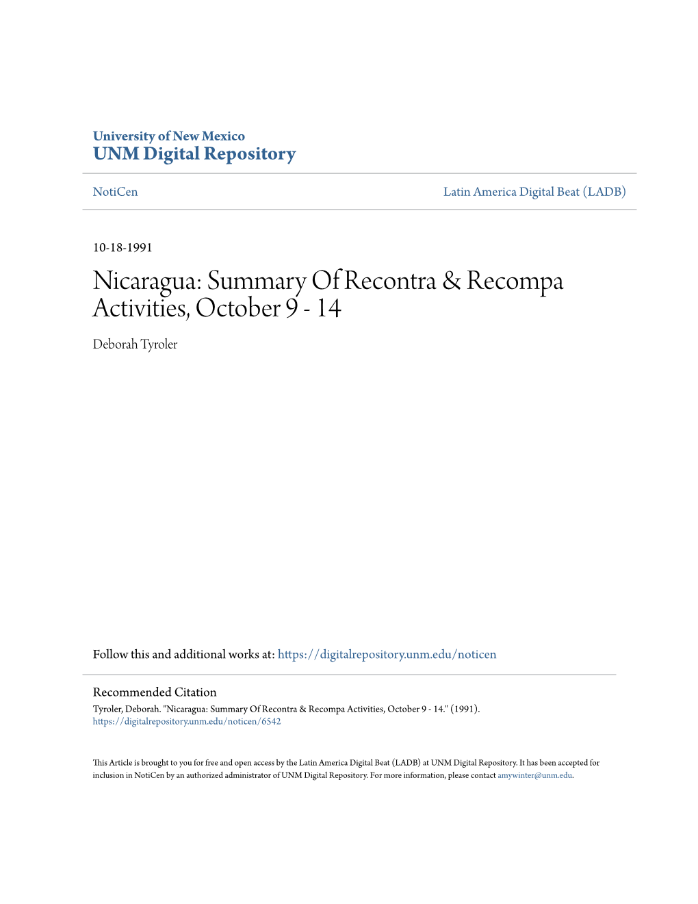 Nicaragua: Summary of Recontra & Recompa Activities, October 9 - 14 by Deborah Tyroler Category/Department: General Published: Friday, October 18, 1991