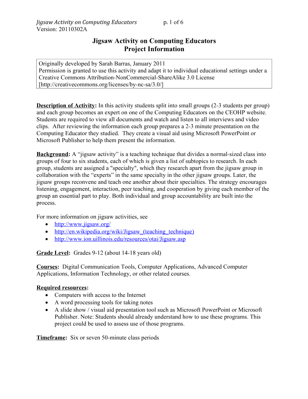 Jigsaw Activity on Computing Educators