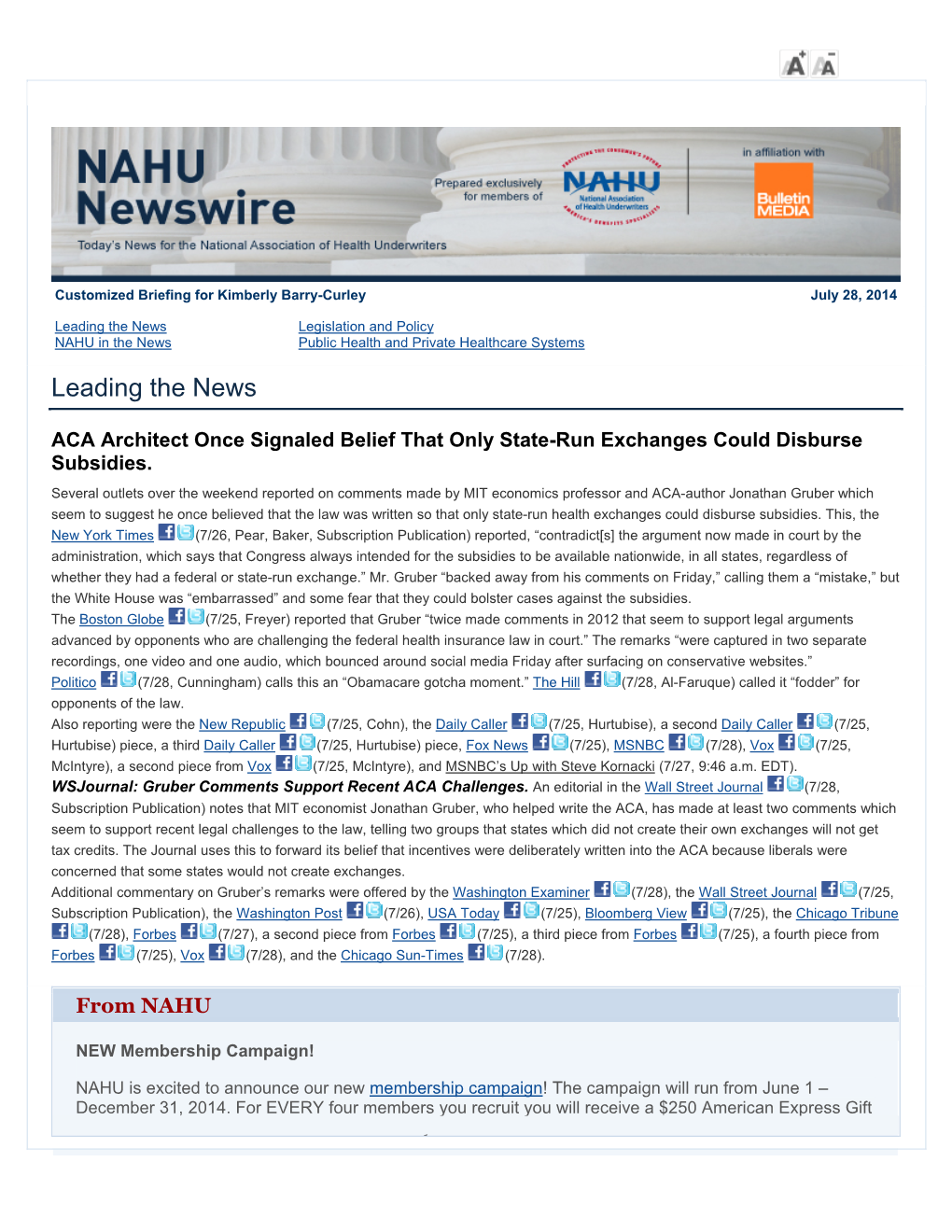 The July 28, 2014 NAHU Newswire