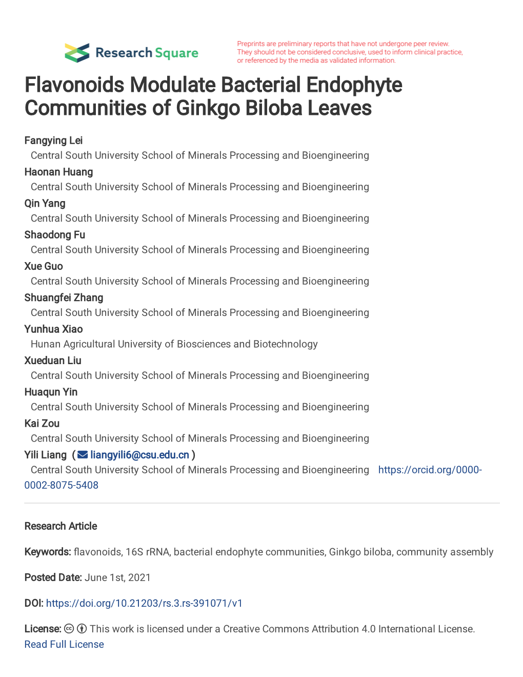 Flavonoids Modulate Bacterial Endophyte Communities of Ginkgo Biloba Leaves