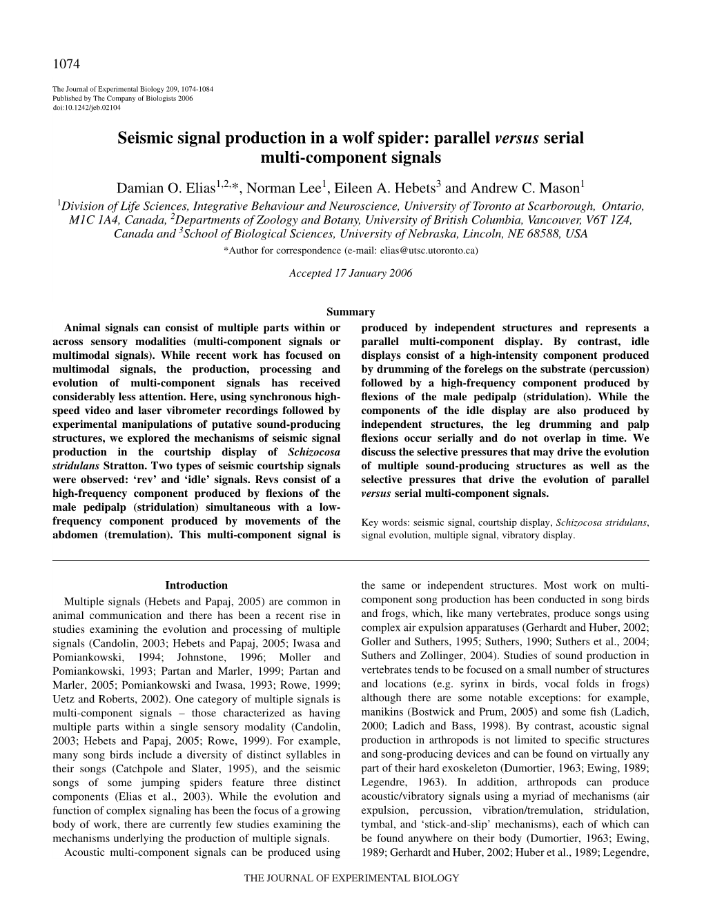 Seismic Signal Production in a Wolf Spider: Parallel Versus Serial Multi-Component Signals Damian O