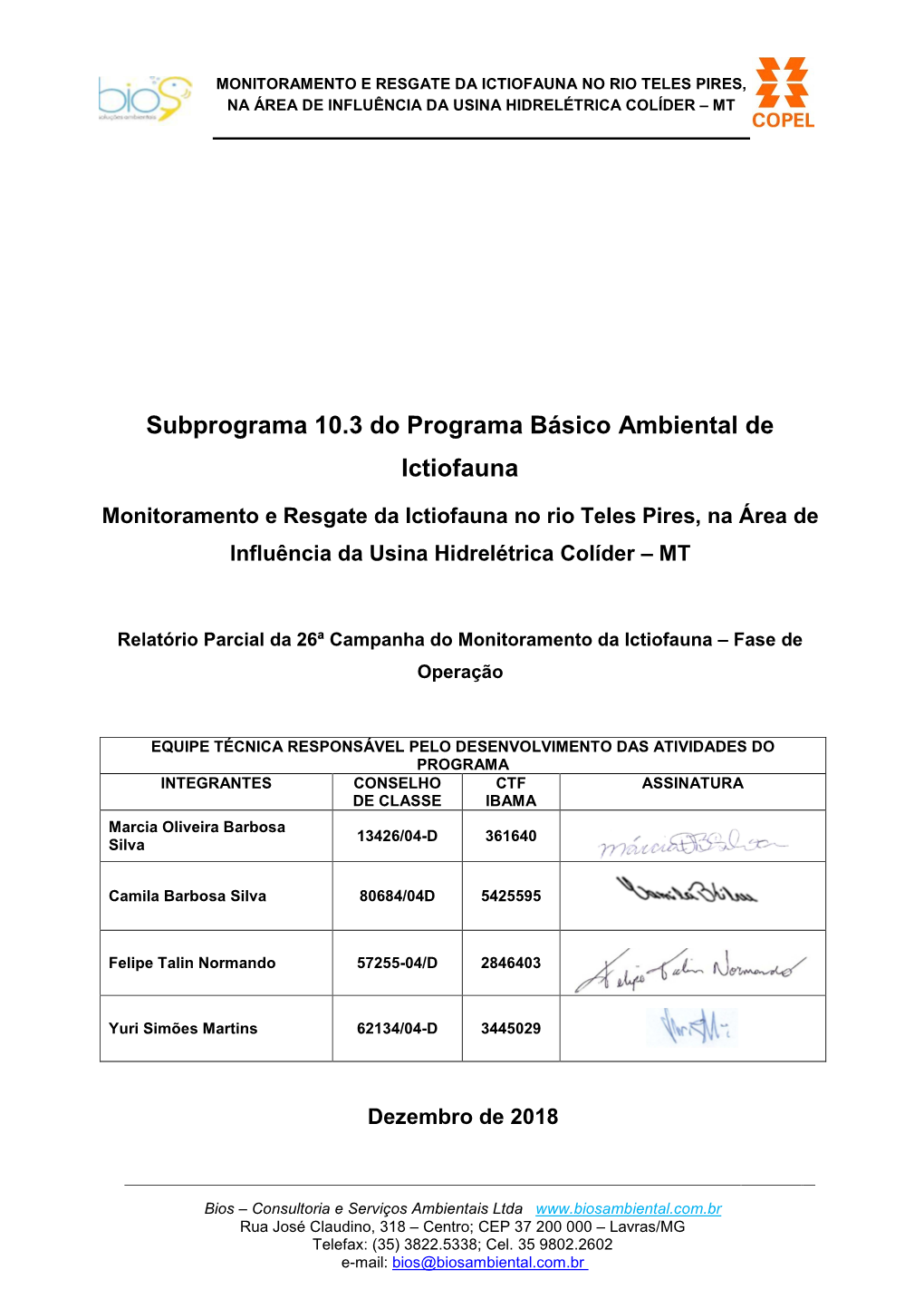 Monit Ictio C26 UHE Colíder Pós-Enchimento Dez2018