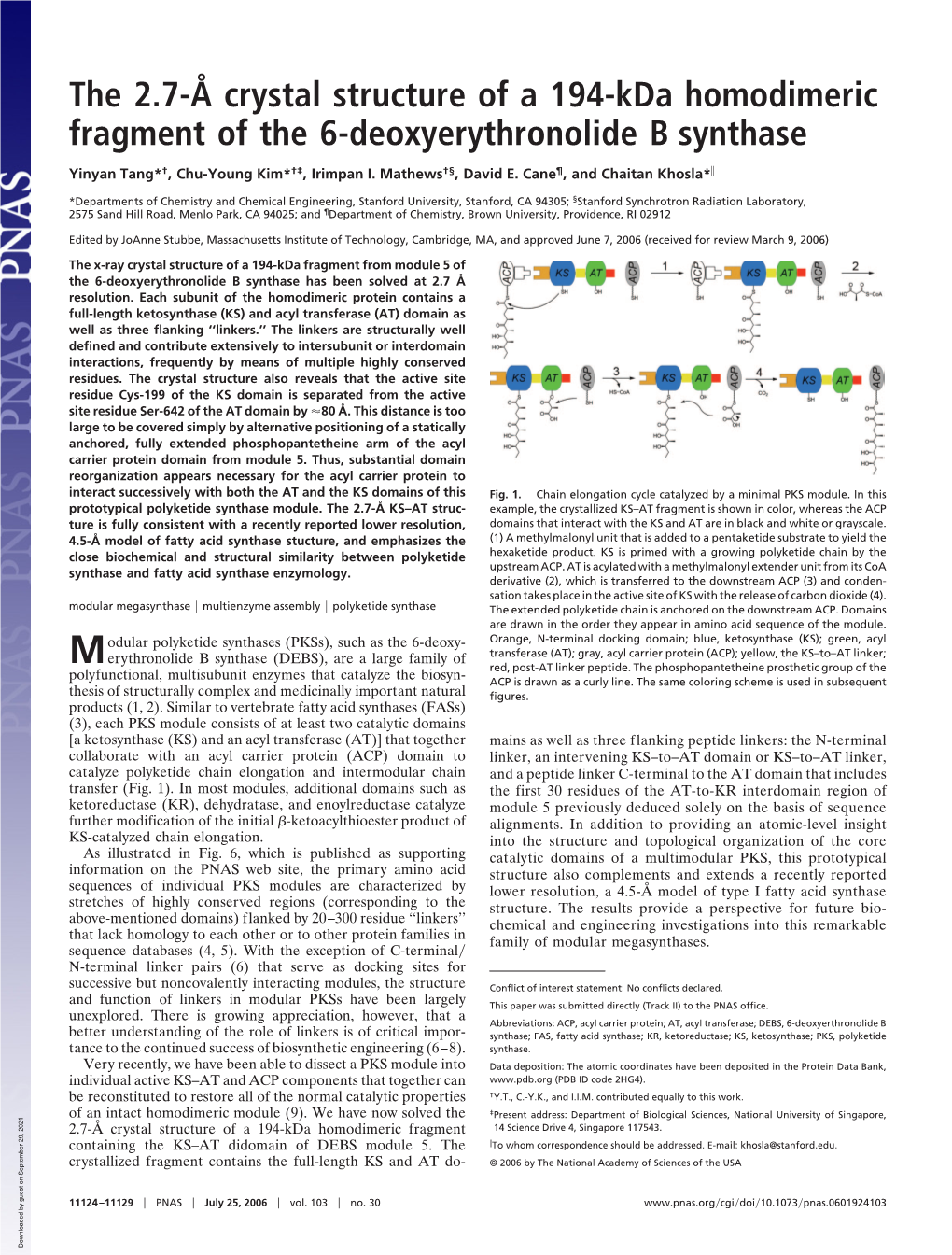 The 2.7-Å Crystal Structure of a 194-Kda Homodimeric Fragment of the 6-Deoxyerythronolide B Synthase