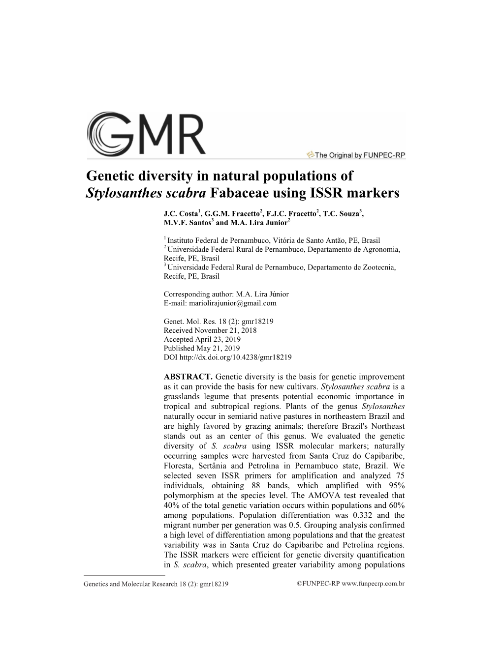 Genetic Diversity in Natural Populations of Stylosanthes Scabra Fabaceae Using ISSR Markers