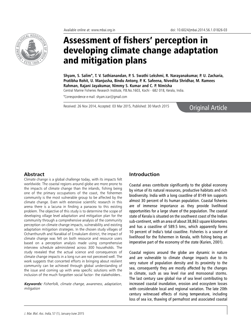 Assessment of Fishers' Perception in Developing Climate Change
