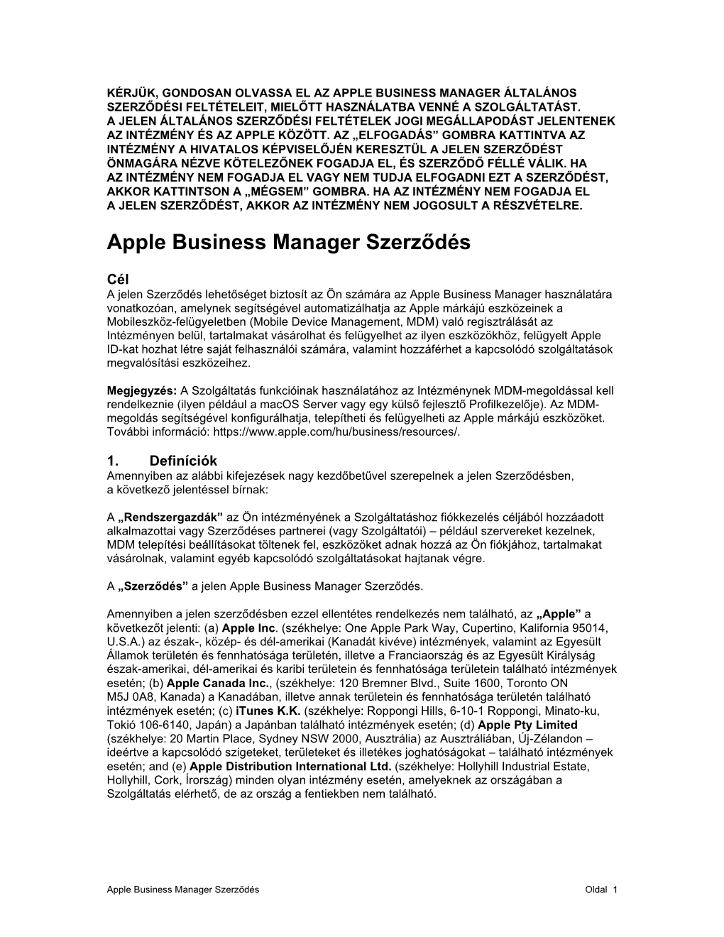 Apple Business Manager Szerződés