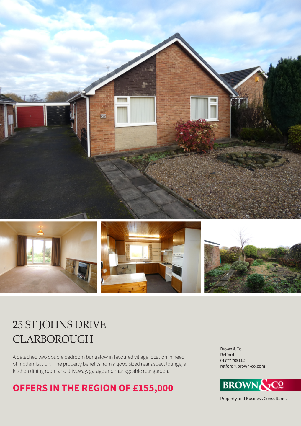 25 ST JOHNS DRIVE CLARBOROUGH Brown & Co a Detached Two Double Bedroom Bungalow in Favoured Village Location in Need Retford 01777 709112 of Modernisation