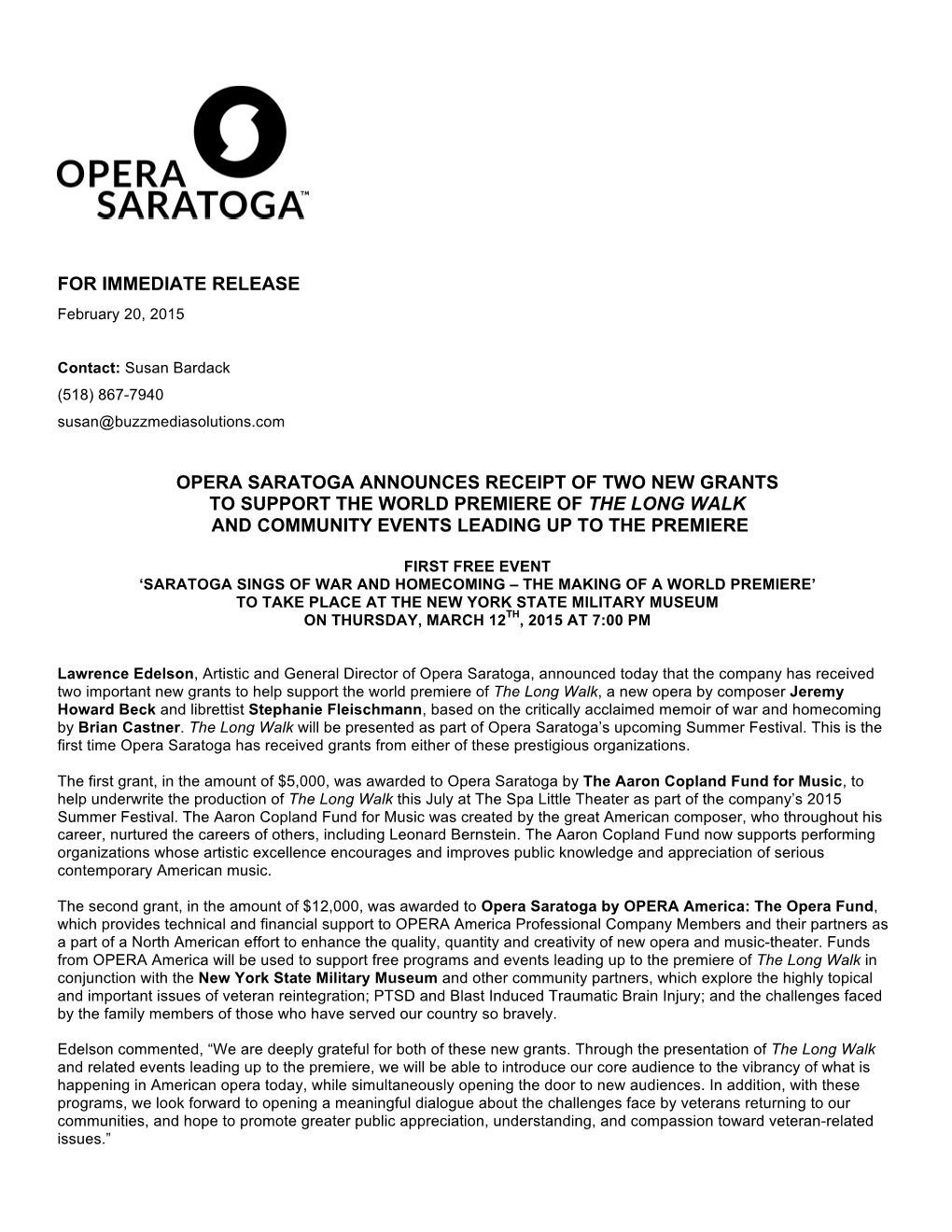 For Immediate Release Opera Saratoga Announces