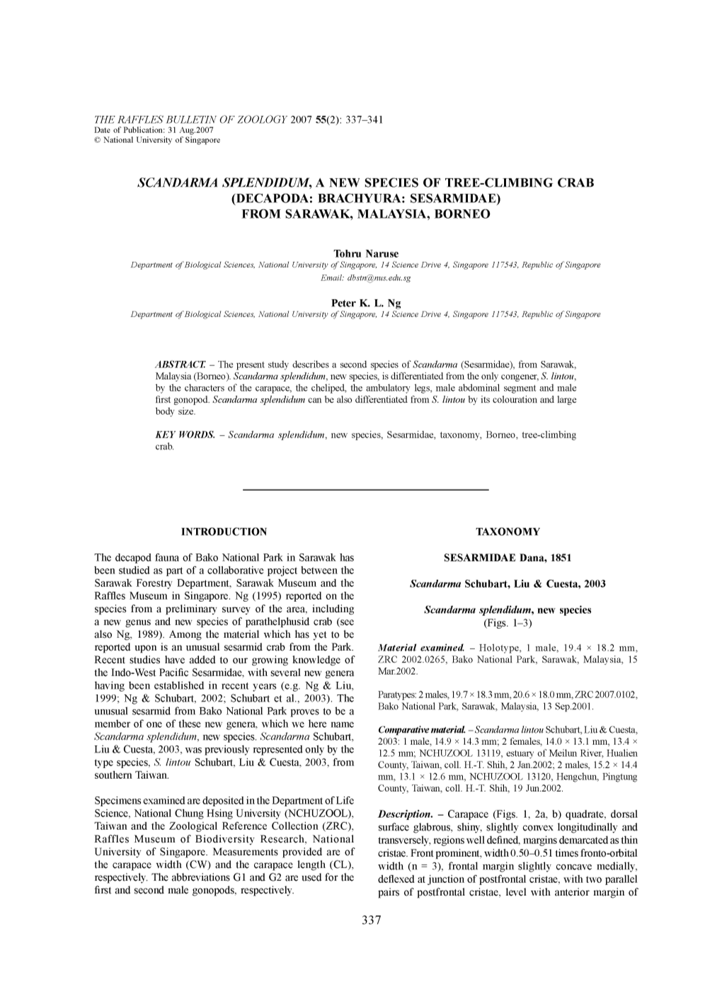 Scandarma Splendidum, a New Species of Tree-Climbing Crab (Decapoda: Brachyura: Sesarmidae) from Sarawak, Malaysia, Borneo