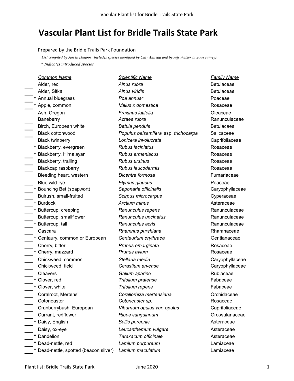 Vascular Plant List for Bridle Trails State Park