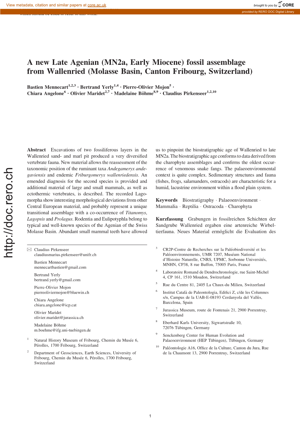 A New Late Agenian (Mn2a, Early Miocene) Fossil Assemblage from Wallenried (Molasse Basin, Canton Fribourg, Switzerland)