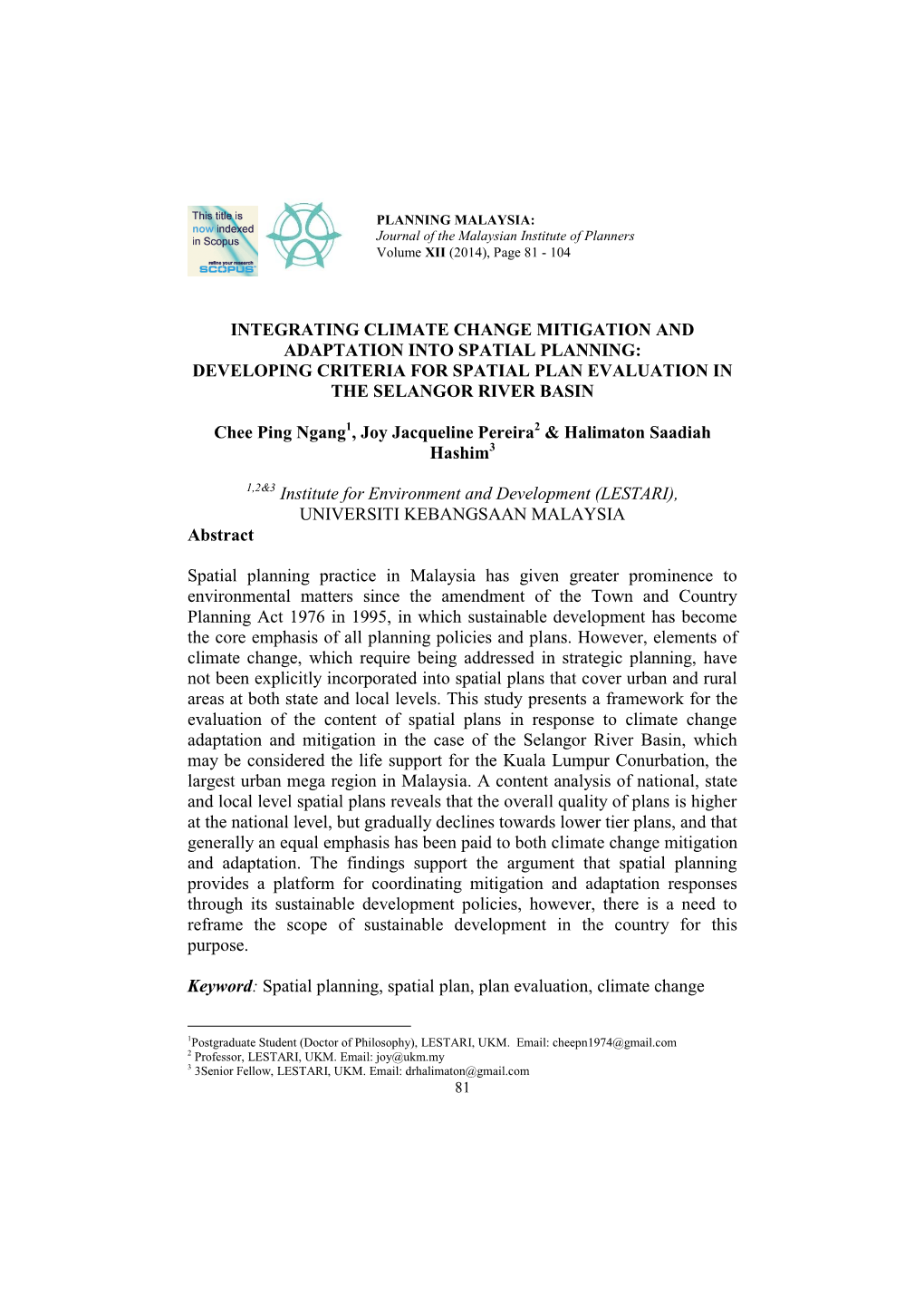 Integrating Climate Change Mitigation and Adaptation Into Spatial Planning: Developing Criteria for Spatial Plan Evaluation in the Selangor River Basin
