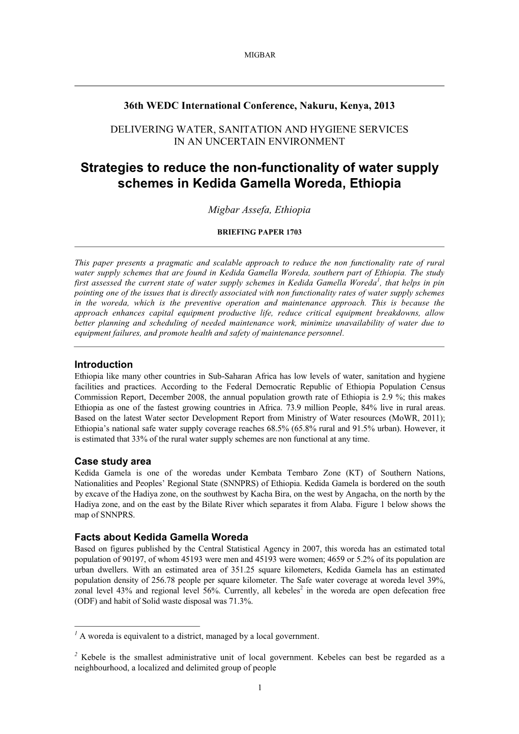 Strategies to Reduce the Non-Functionality of Water Supply Schemes in Kedida Gamella Woreda, Ethiopia
