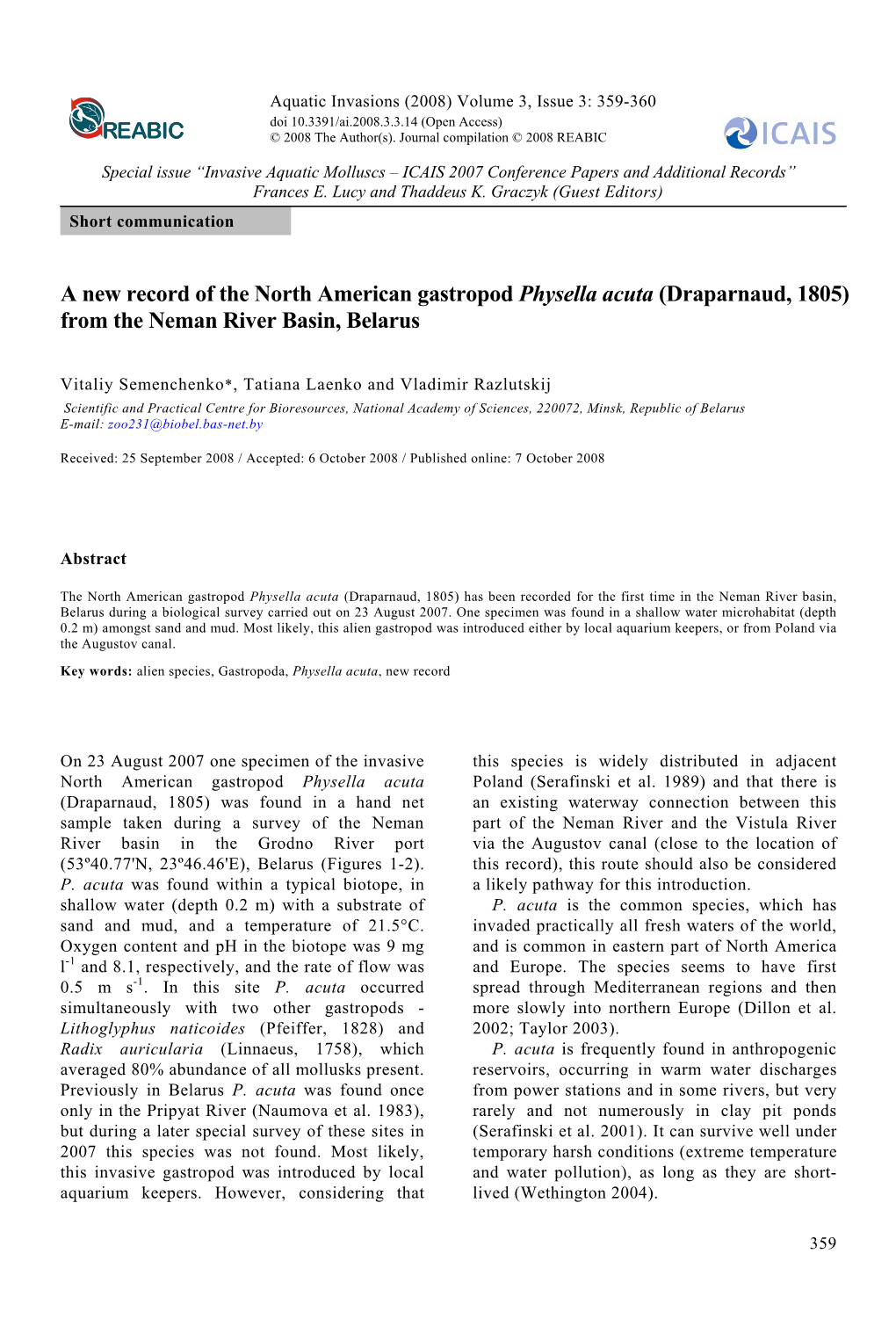 A New Record of the North American Gastropod Physella Acuta (Draparnaud, 1805) from the Neman River Basin, Belarus