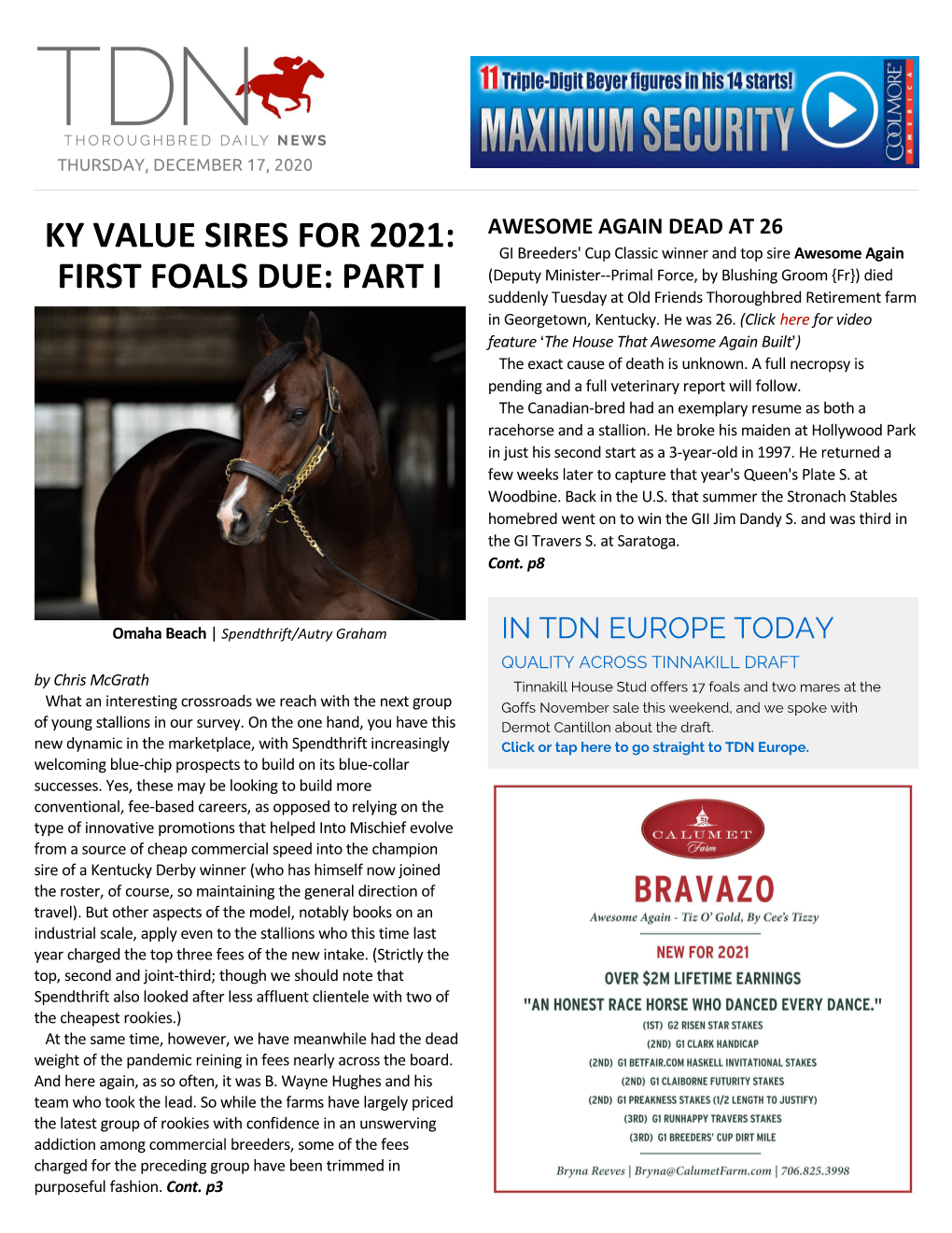 Ky Value Sires for 2021: First Foals Due: Part I