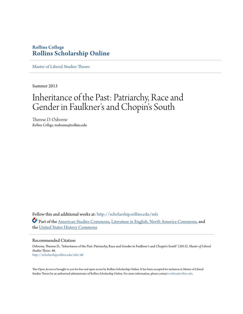 Patriarchy, Race and Gender in Faulkner's and Chopin's South Therese D