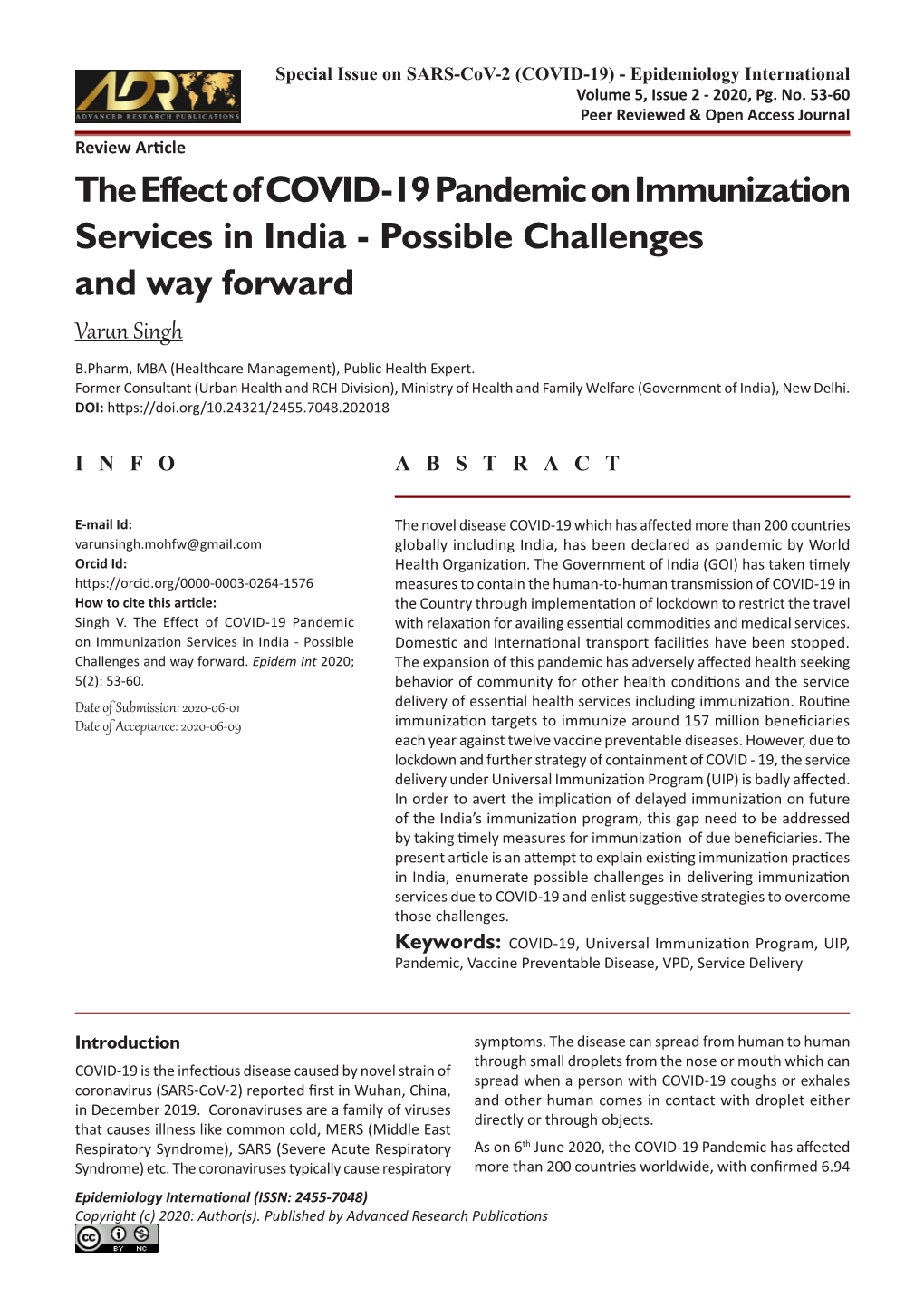 The Effect of COVID-19 Pandemic on Immunization Services in India